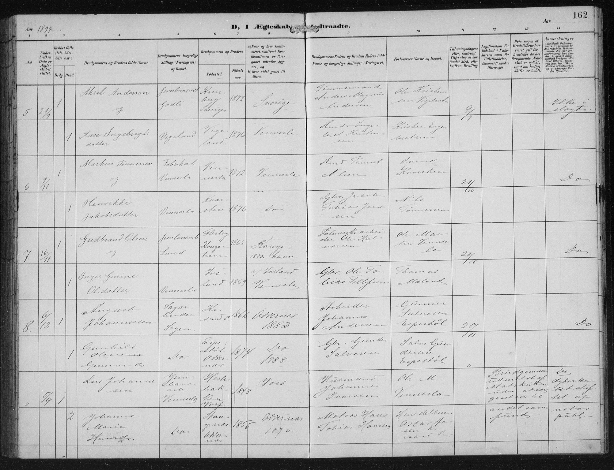 Vennesla sokneprestkontor, AV/SAK-1111-0045/Fb/Fbb/L0004: Parish register (copy) no. B 4, 1893-1902, p. 162