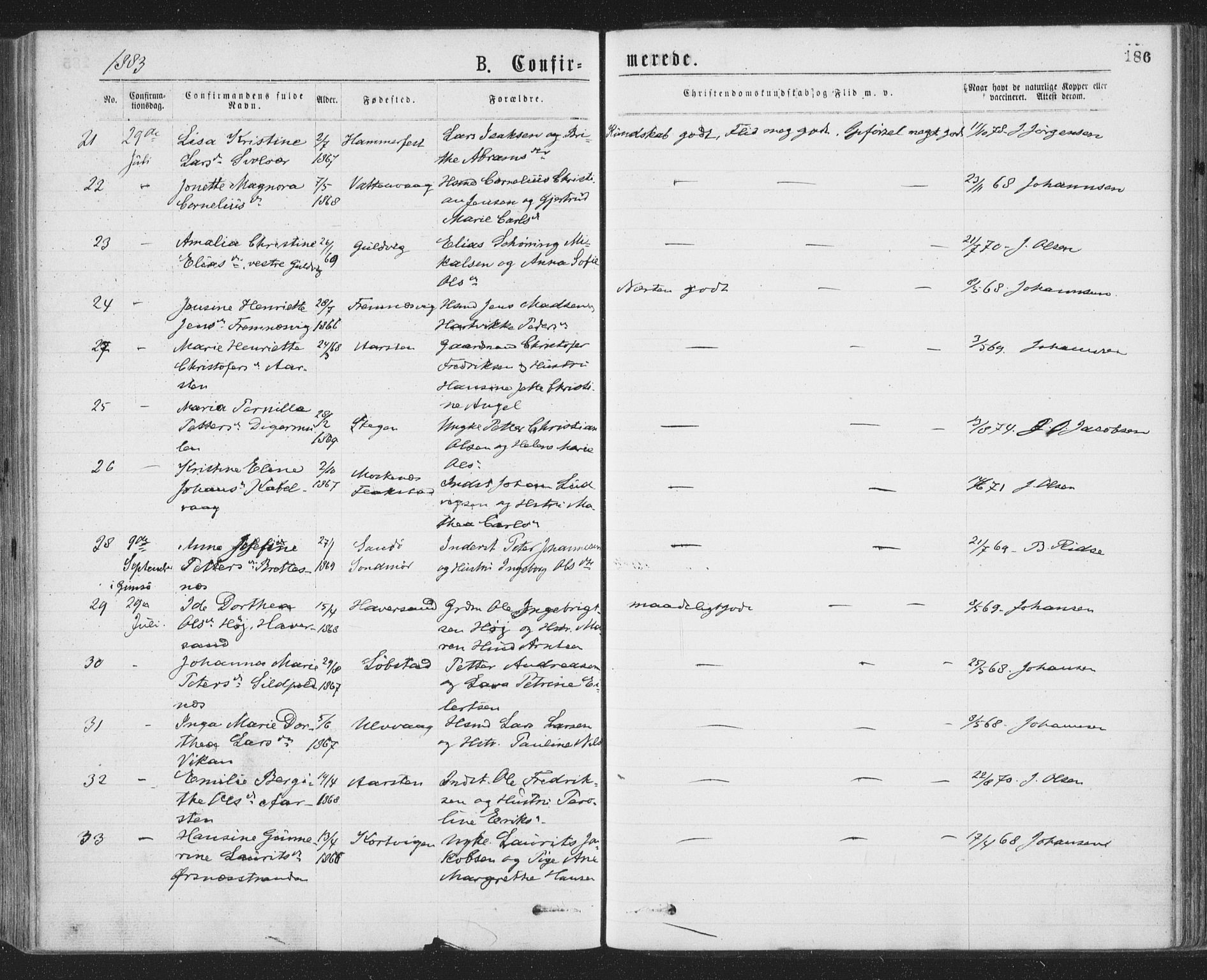 Ministerialprotokoller, klokkerbøker og fødselsregistre - Nordland, AV/SAT-A-1459/874/L1058: Parish register (official) no. 874A02, 1878-1883, p. 186