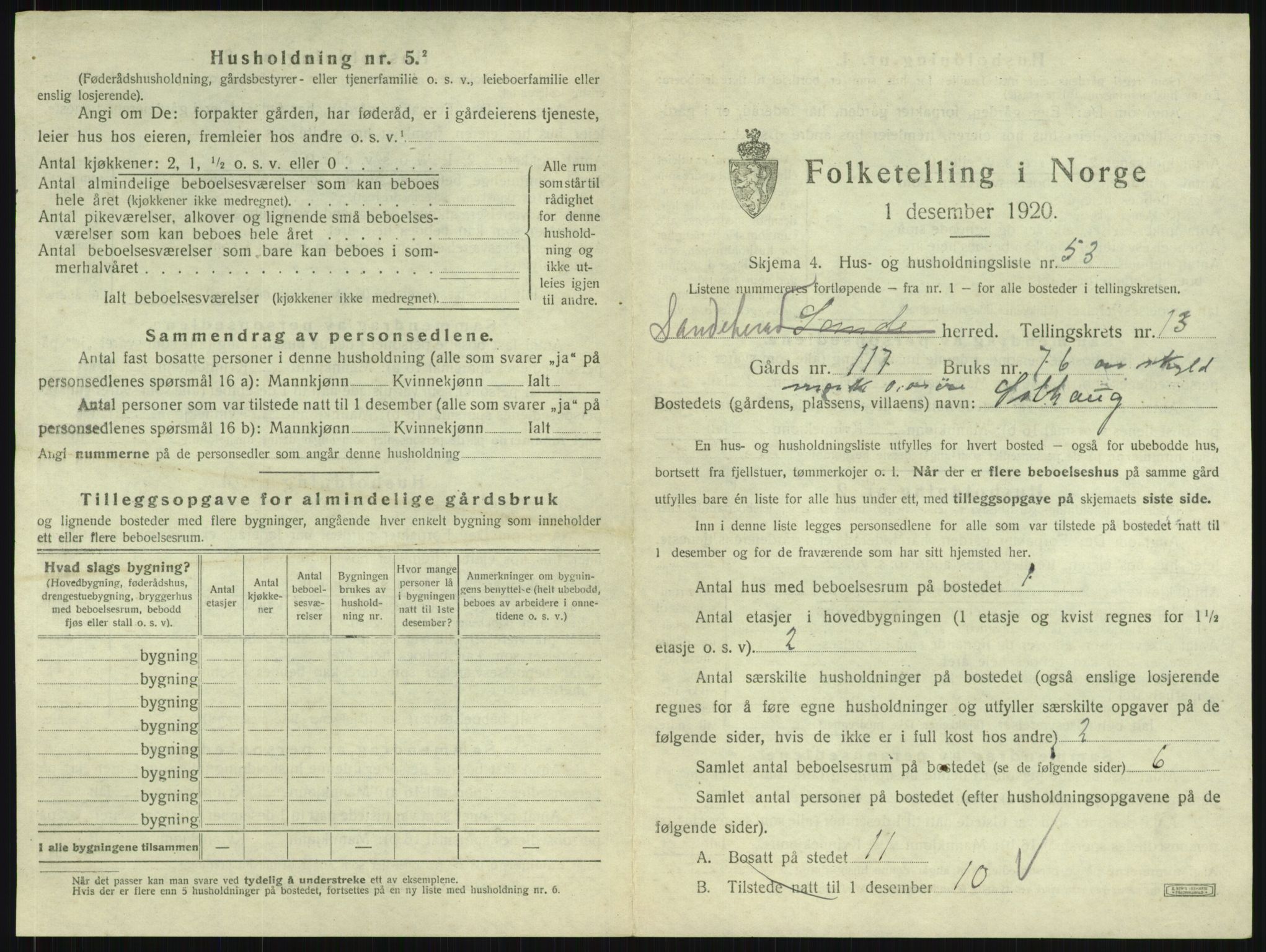SAKO, 1920 census for Sandeherred, 1920, p. 2841