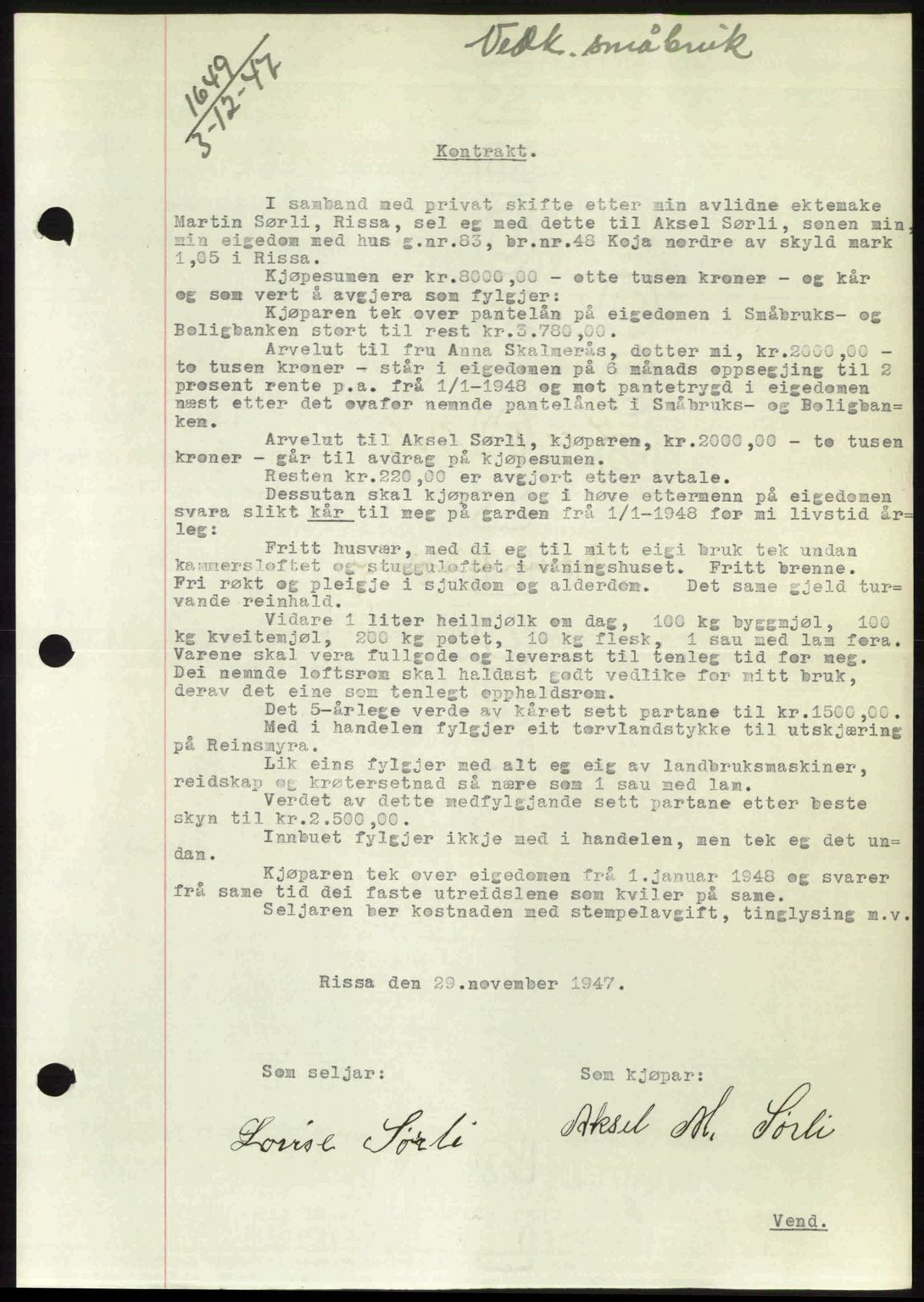 Fosen sorenskriveri, AV/SAT-A-1107/1/2/2C: Mortgage book no. A7-9, 1947-1949, Diary no: : 1649/1947