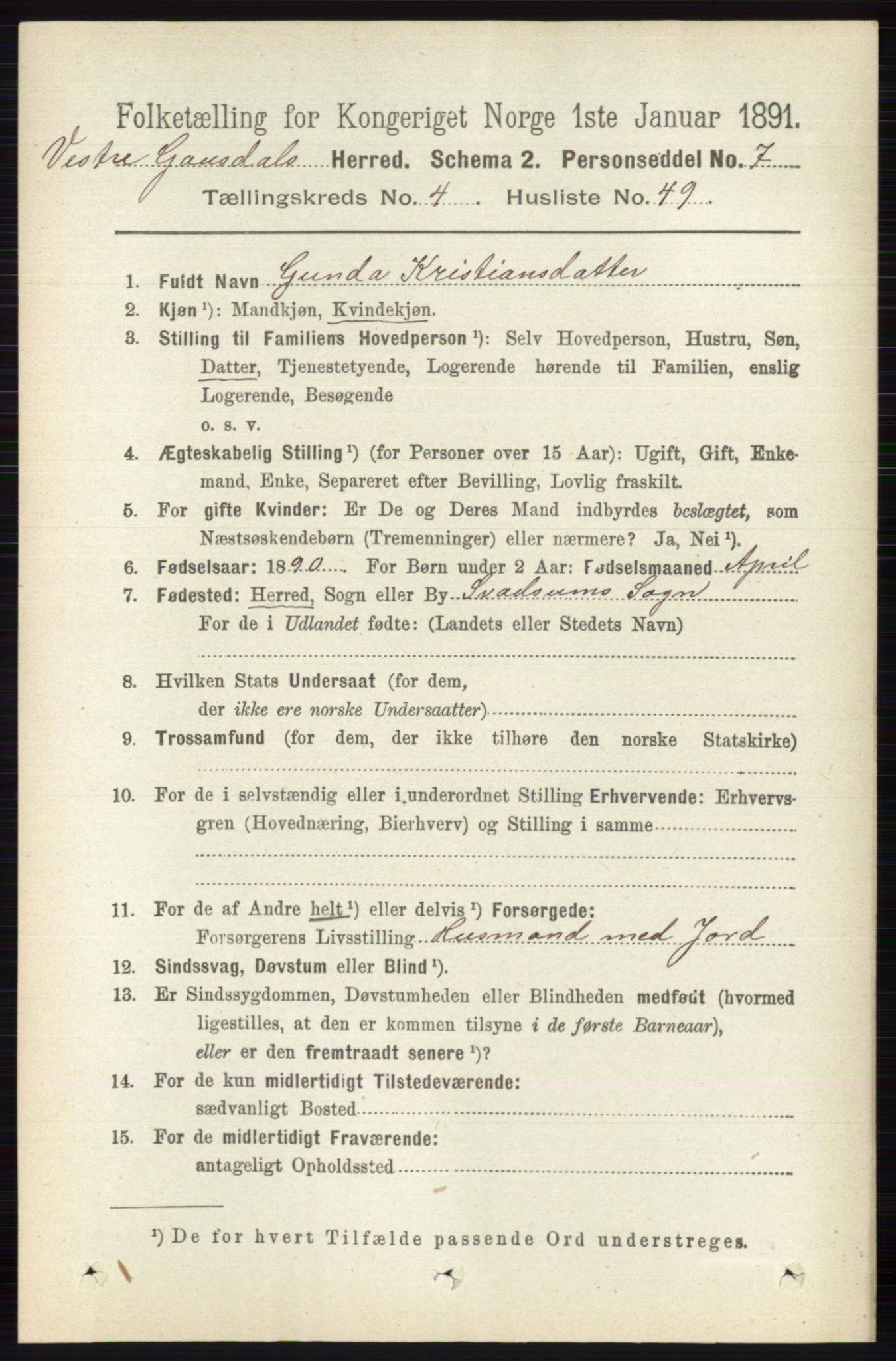 RA, 1891 census for 0523 Vestre Gausdal, 1891, p. 1986