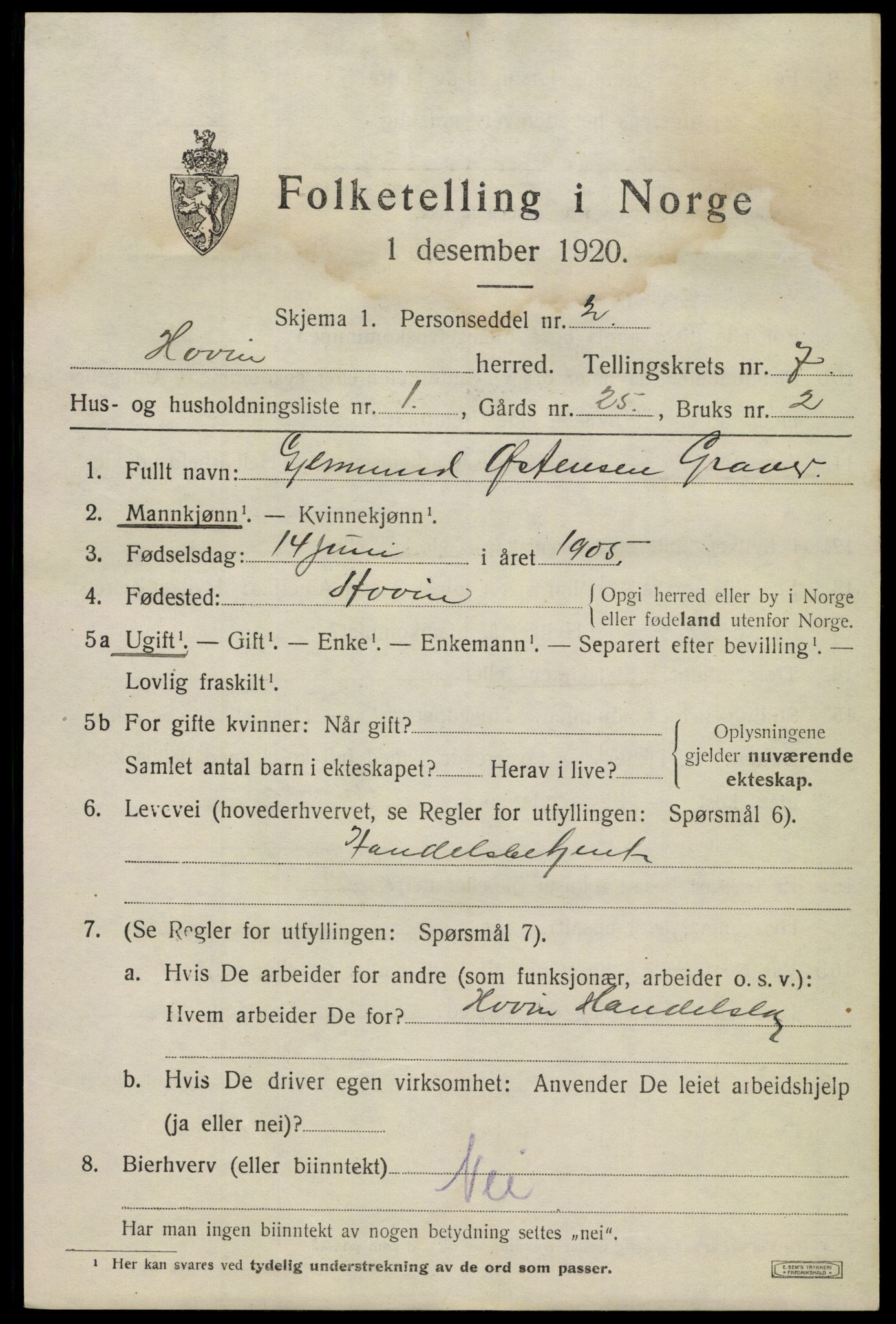 SAKO, 1920 census for Hovin, 1920, p. 1693