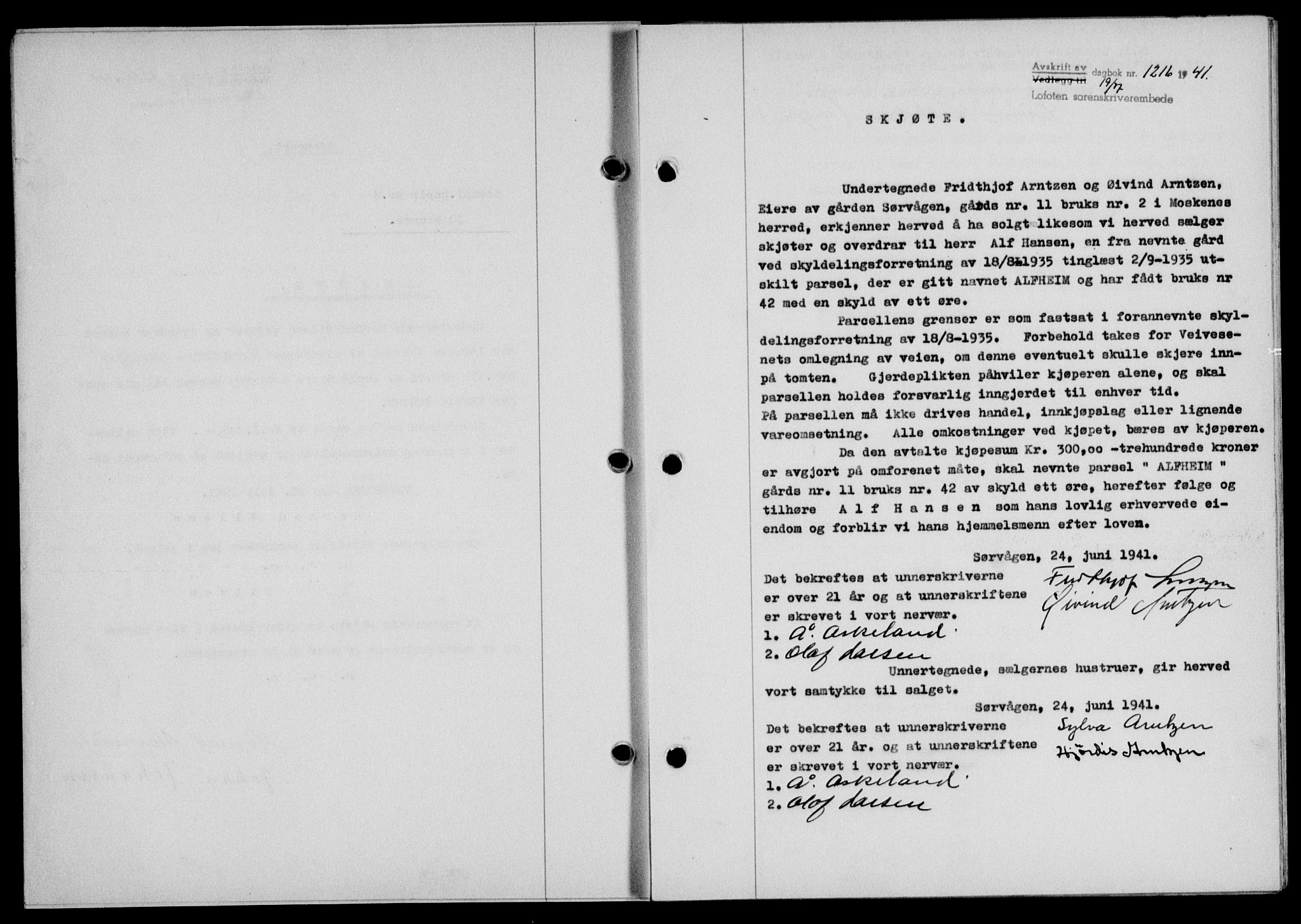 Lofoten sorenskriveri, SAT/A-0017/1/2/2C/L0008a: Mortgage book no. 8a, 1940-1941, Diary no: : 1216/1941