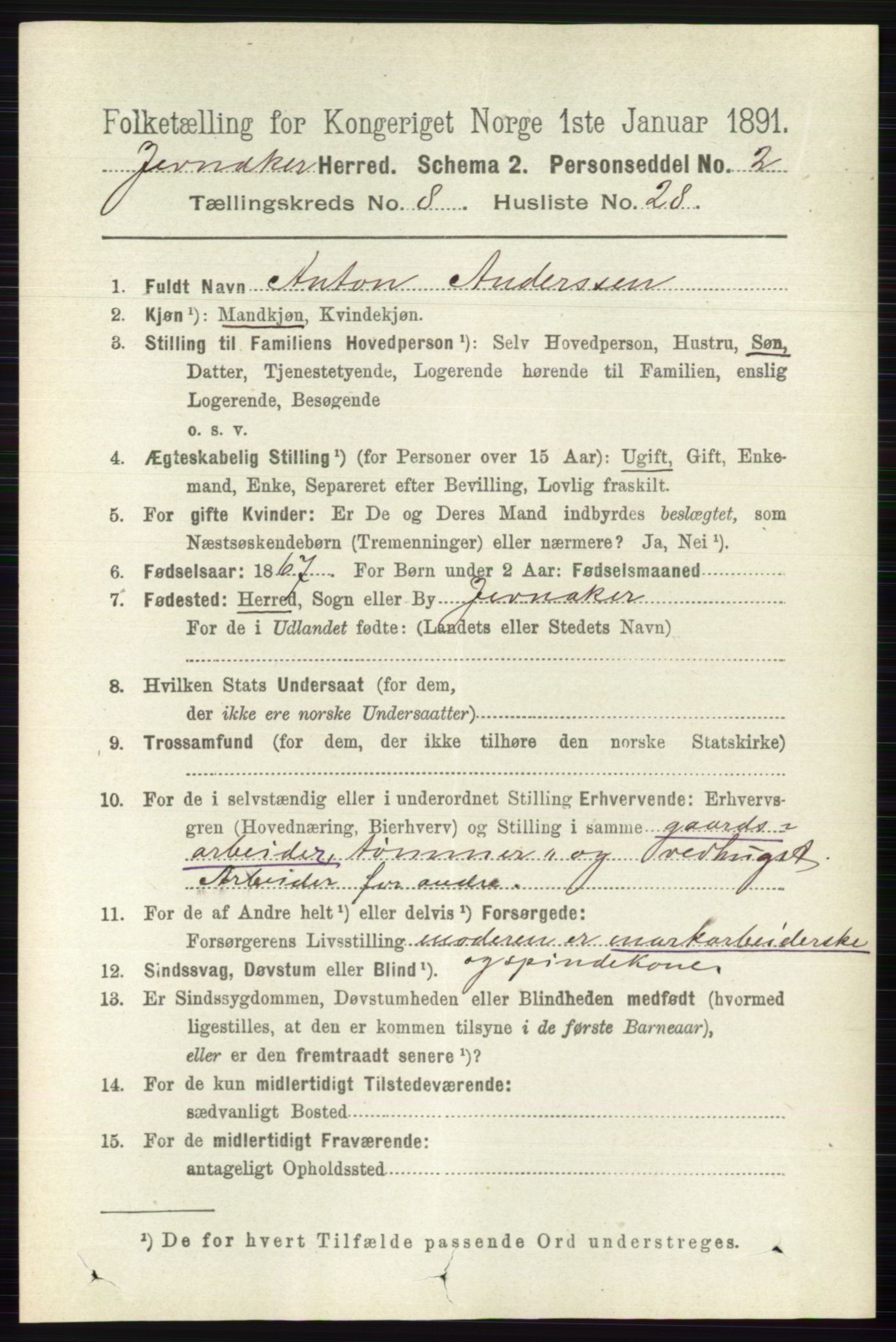 RA, 1891 census for 0532 Jevnaker, 1891, p. 4501
