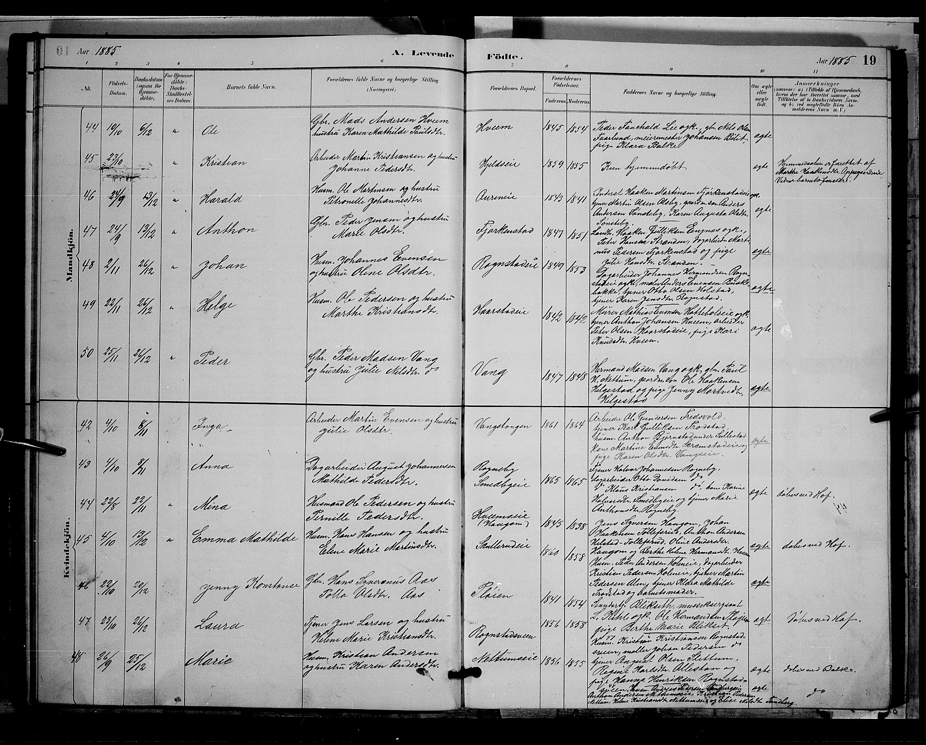 Østre Toten prestekontor, SAH/PREST-104/H/Ha/Hab/L0005: Parish register (copy) no. 5, 1884-1893, p. 19