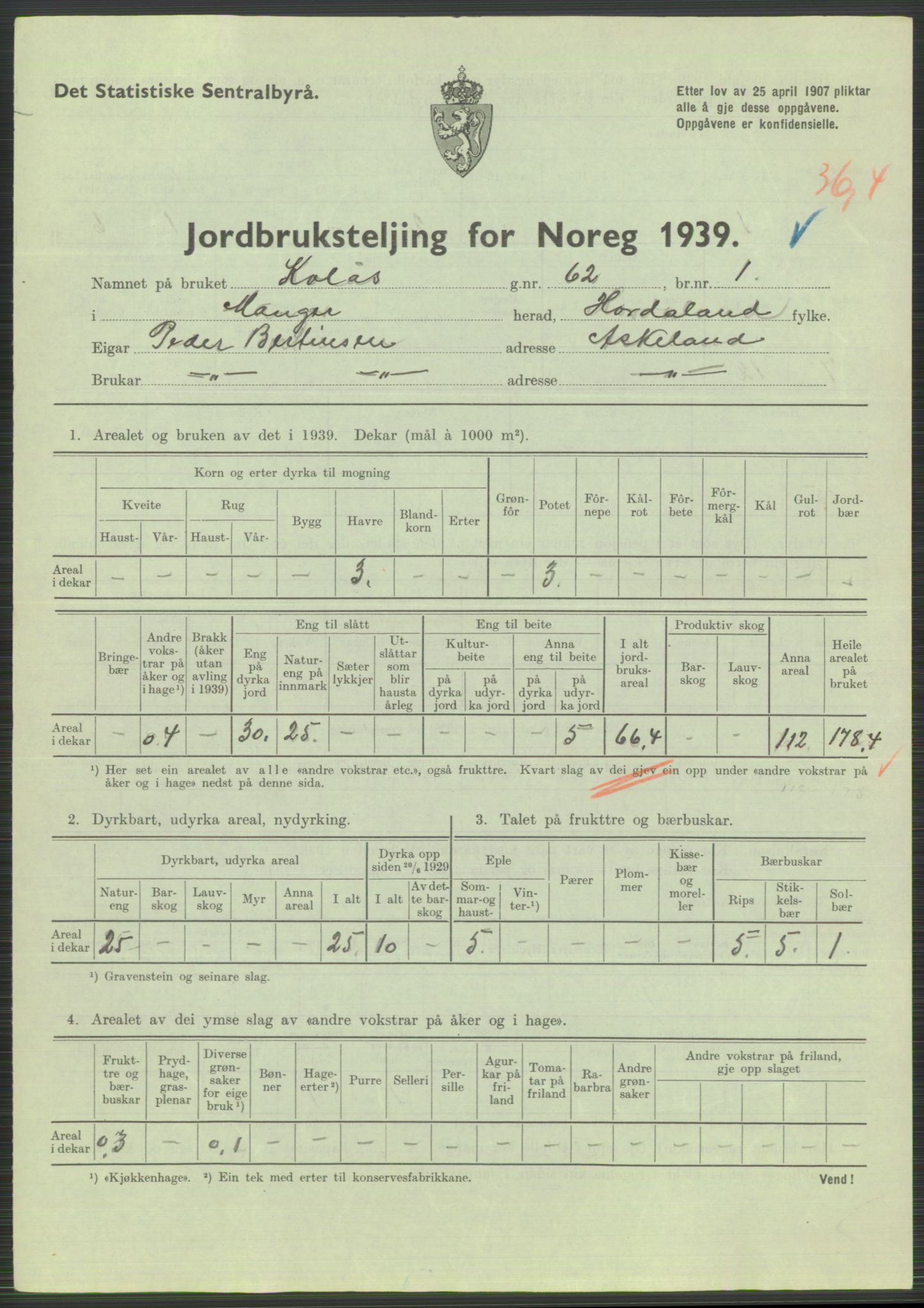 Statistisk sentralbyrå, Næringsøkonomiske emner, Jordbruk, skogbruk, jakt, fiske og fangst, AV/RA-S-2234/G/Gb/L0211: Hordaland: Herdla, Hjelme og Manger, 1939, p. 1747