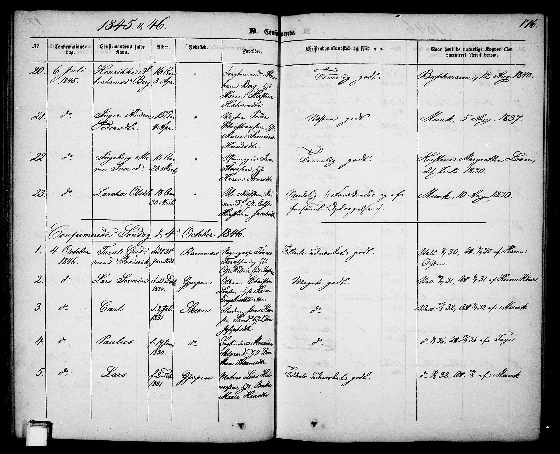 Skien kirkebøker, SAKO/A-302/G/Ga/L0004: Parish register (copy) no. 4, 1843-1867, p. 176