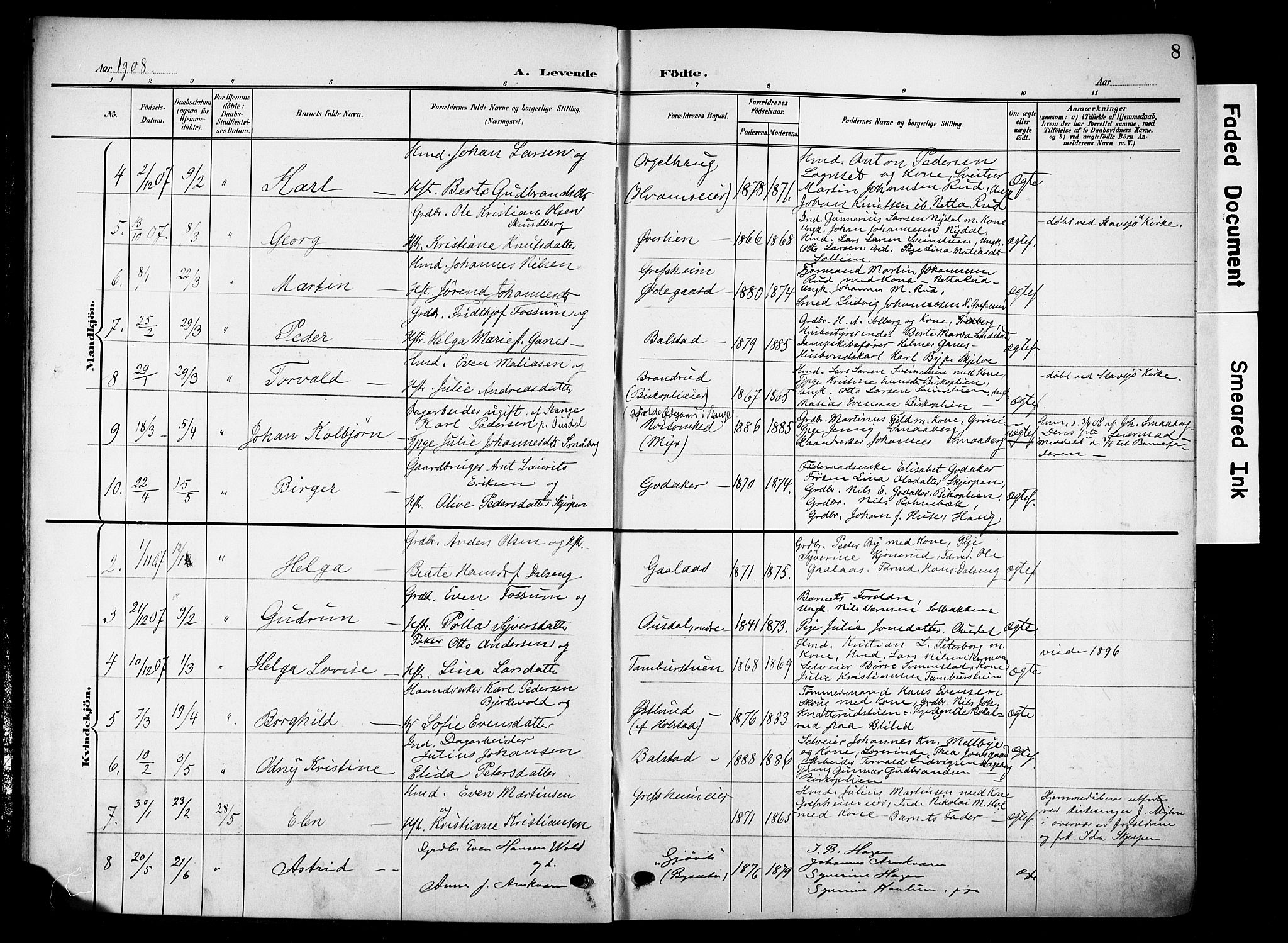Nes prestekontor, Hedmark, SAH/PREST-020/K/Ka/L0014: Parish register (official) no. 14, 1906-1929, p. 8