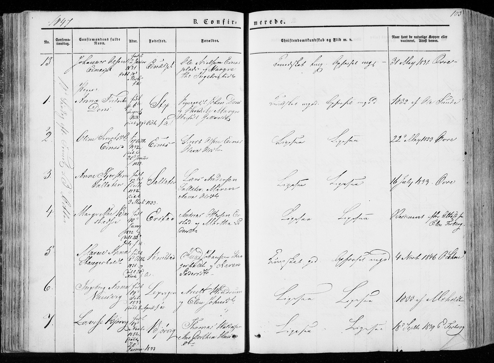 Ministerialprotokoller, klokkerbøker og fødselsregistre - Nord-Trøndelag, SAT/A-1458/722/L0218: Parish register (official) no. 722A05, 1843-1868, p. 103