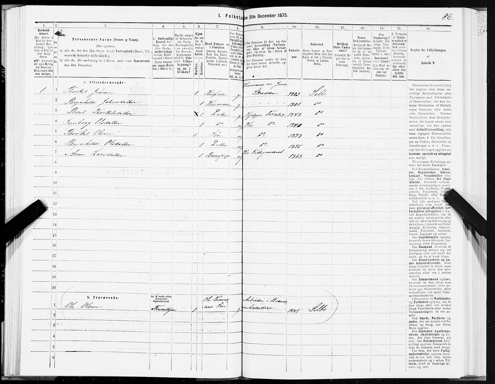 SAT, 1875 census for 1664P Selbu, 1875, p. 1086