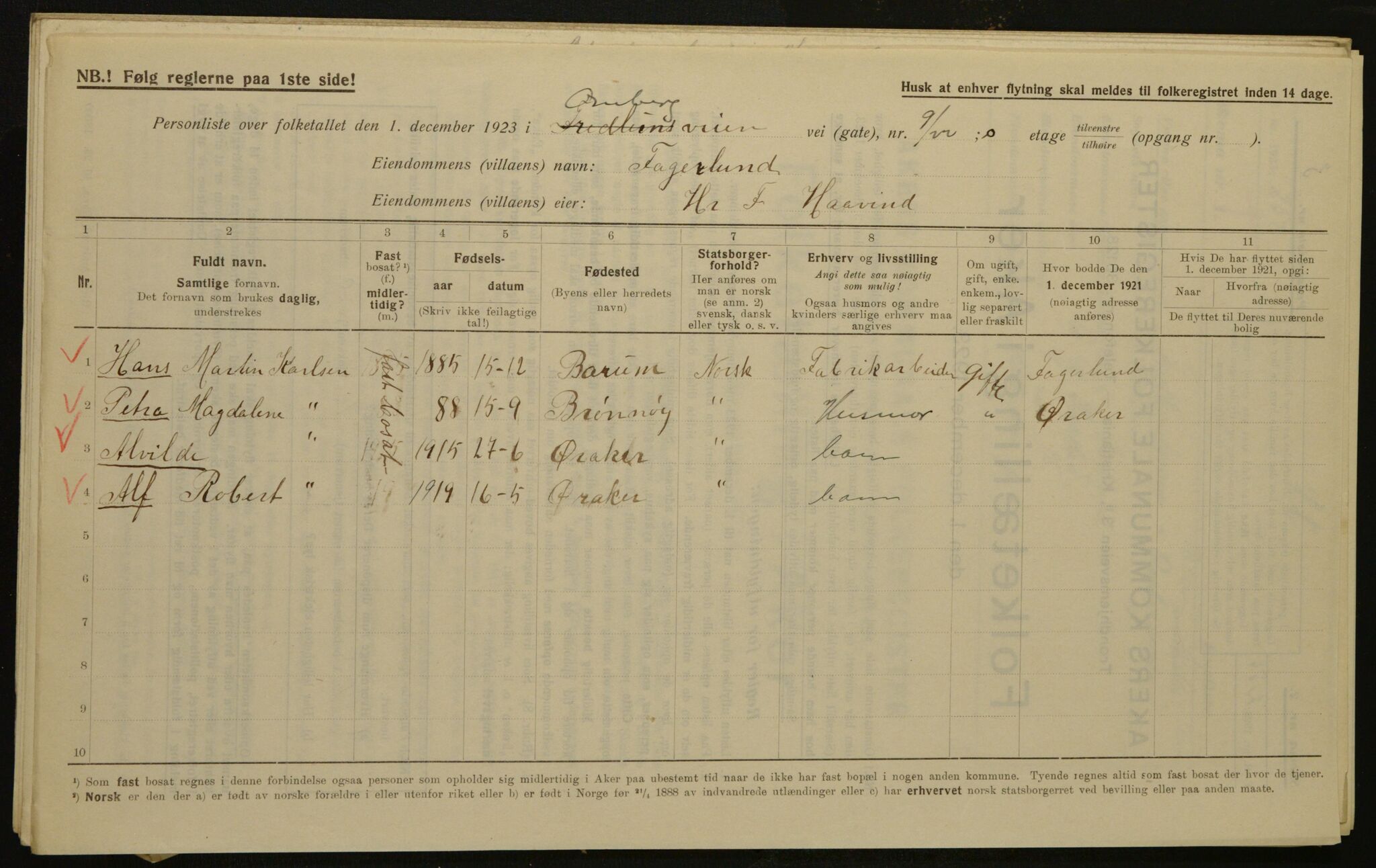 , Municipal Census 1923 for Aker, 1923, p. 1695