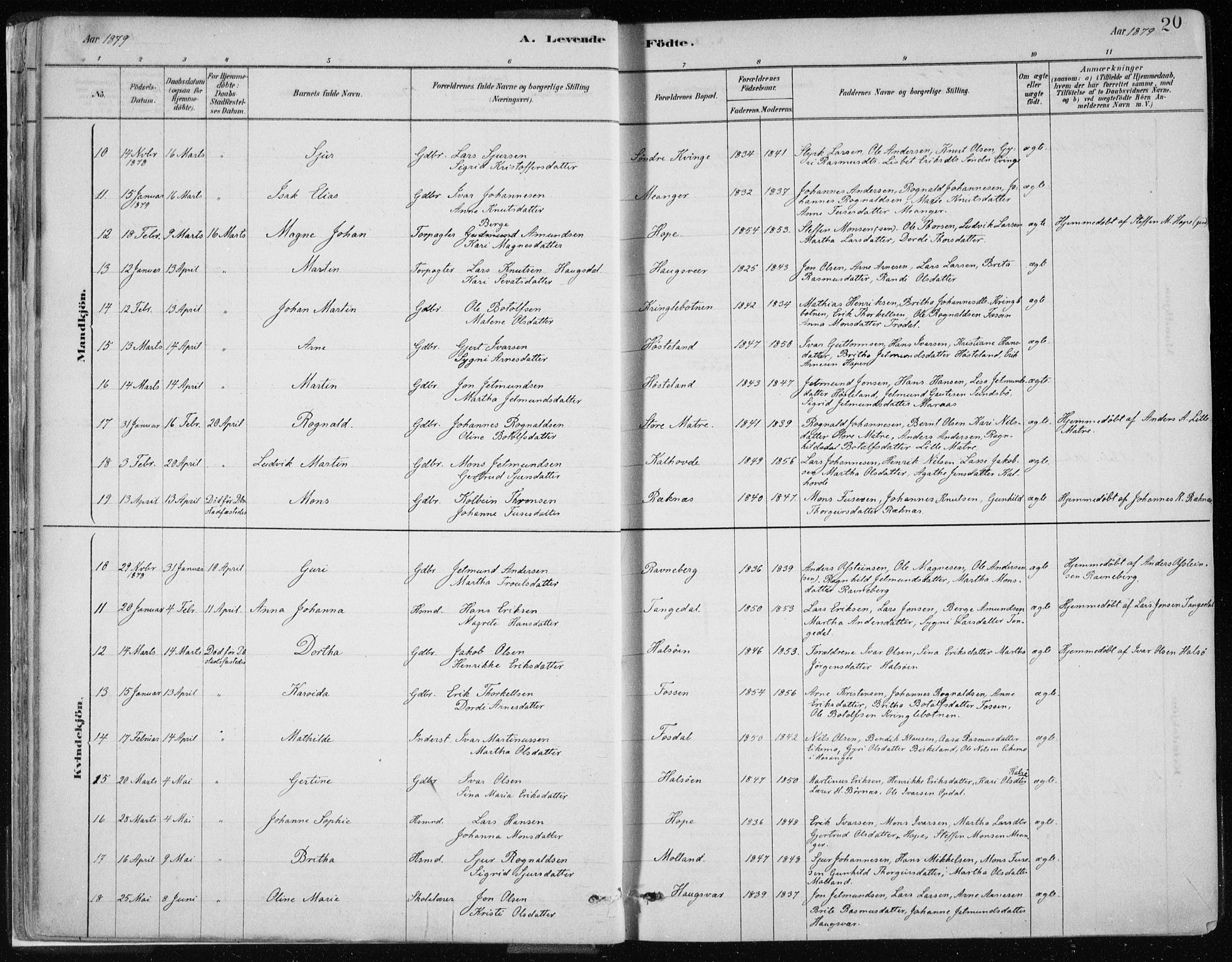 Masfjorden Sokneprestembete, AV/SAB-A-77001: Parish register (official) no. B  1, 1876-1899, p. 20