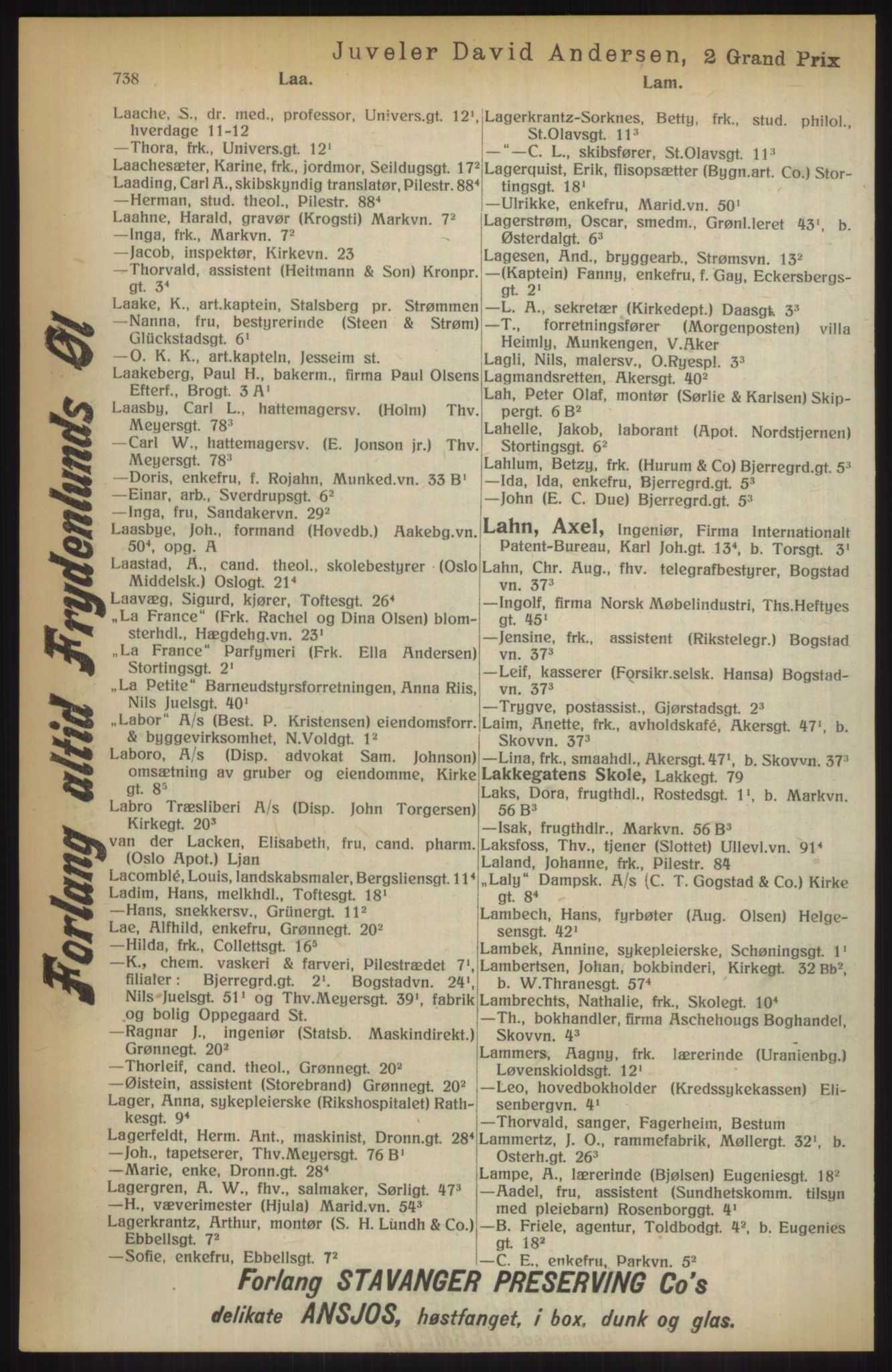 Kristiania/Oslo adressebok, PUBL/-, 1914, p. 738