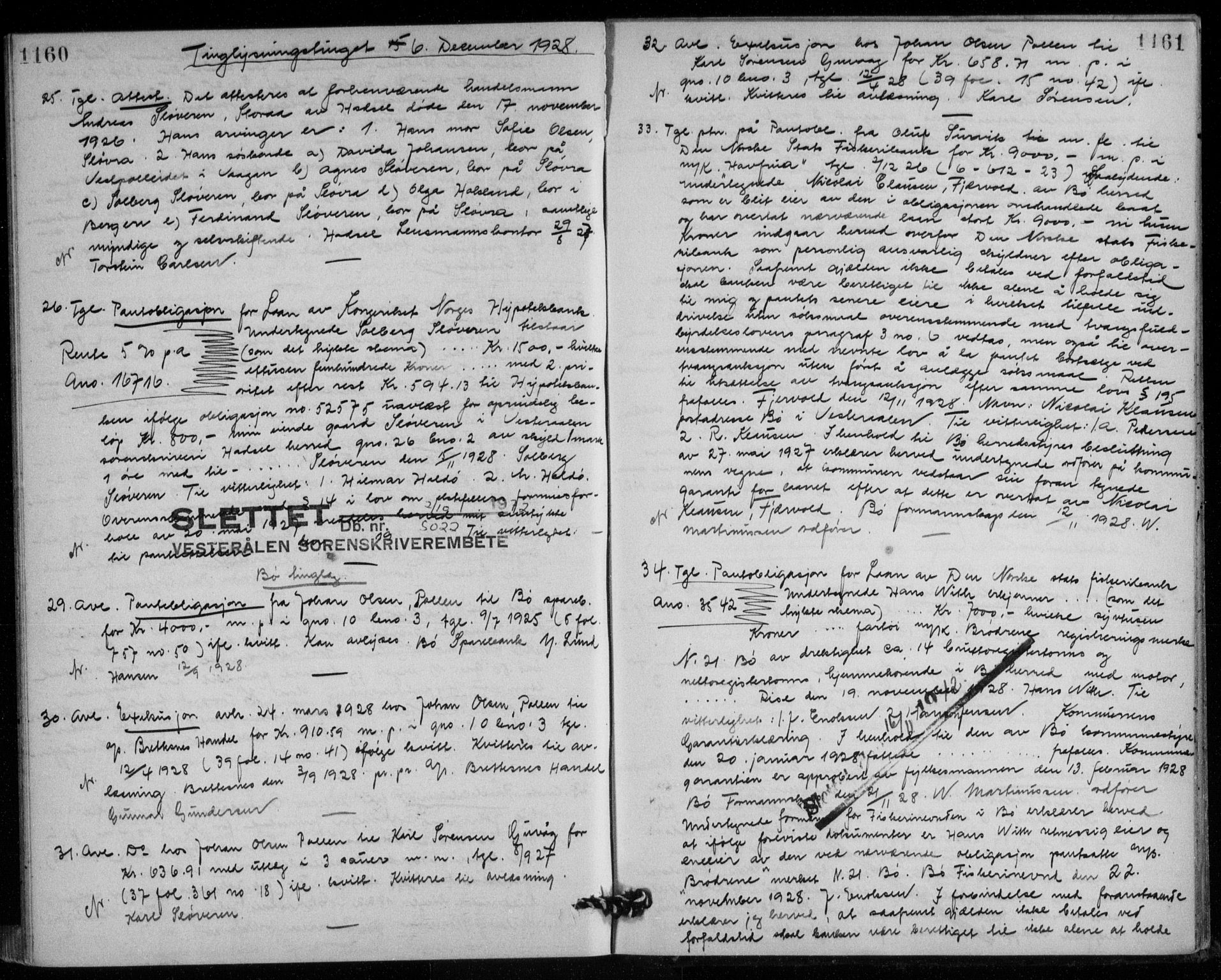 Vesterålen sorenskriveri, SAT/A-4180/1/2/2Ca/L0041: Mortgage book no. 6, 1925-1928, p. 1160-1161, Deed date: 06.12.1928