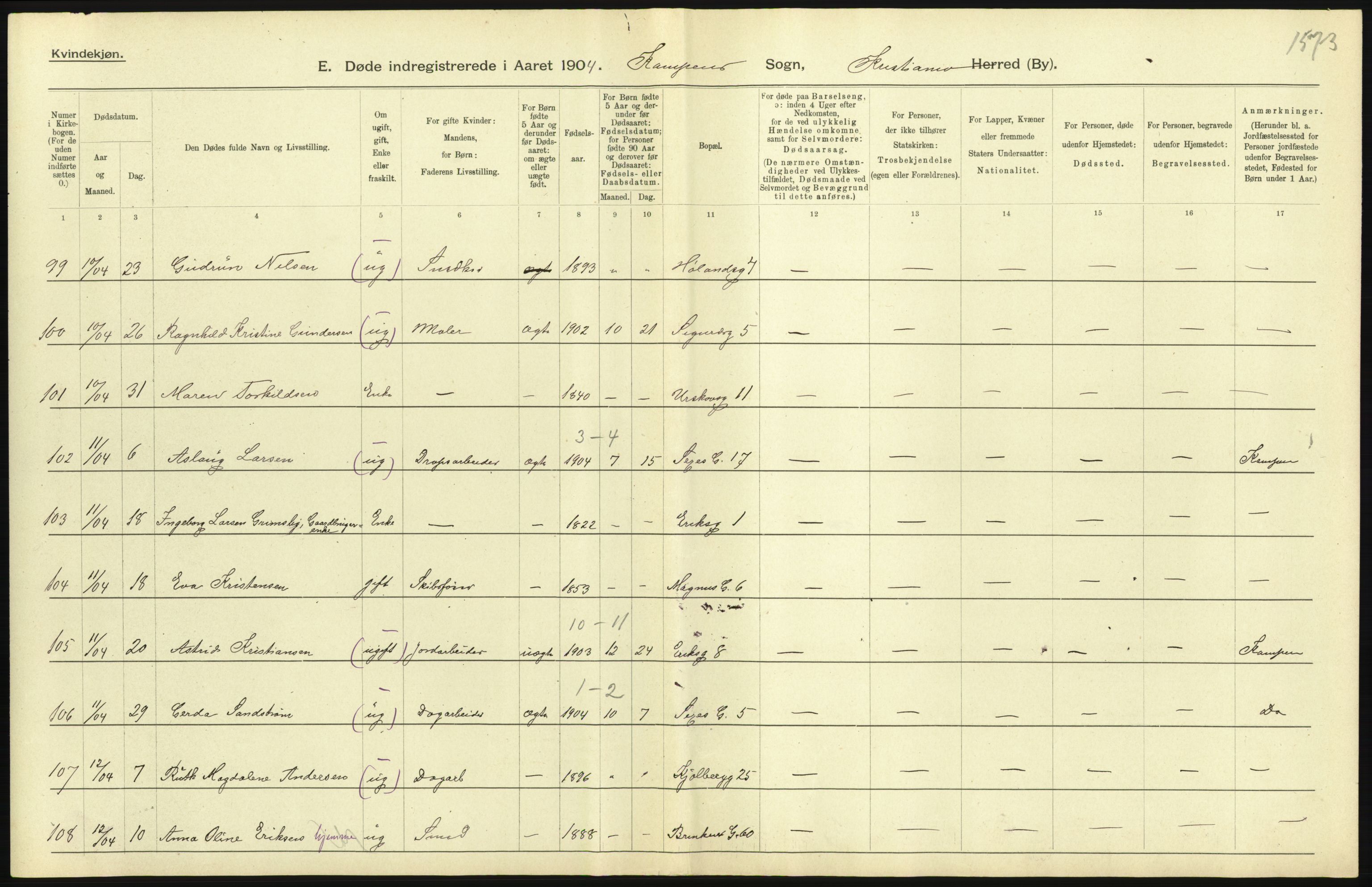 Statistisk sentralbyrå, Sosiodemografiske emner, Befolkning, AV/RA-S-2228/D/Df/Dfa/Dfab/L0004: Kristiania: Gifte, døde, 1904, p. 525