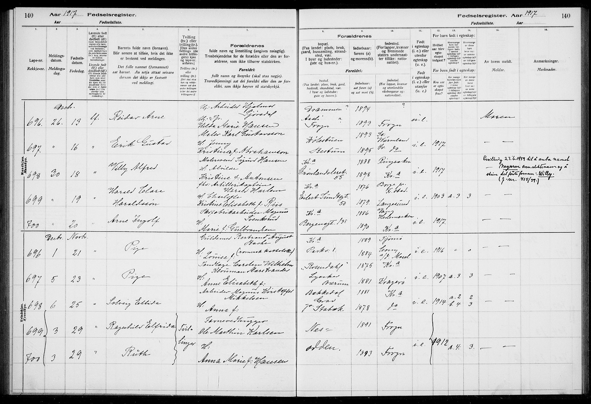 Rikshospitalet prestekontor Kirkebøker, AV/SAO-A-10309b/J/L0002: Birth register no. 2, 1917-1917, p. 140