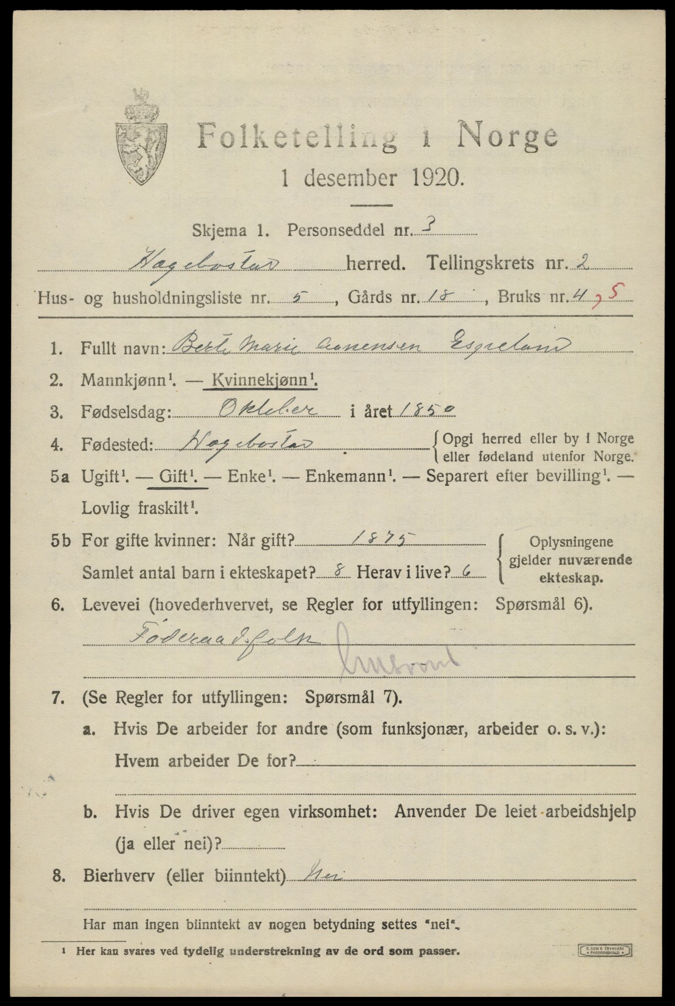 SAK, 1920 census for Hægebostad, 1920, p. 875