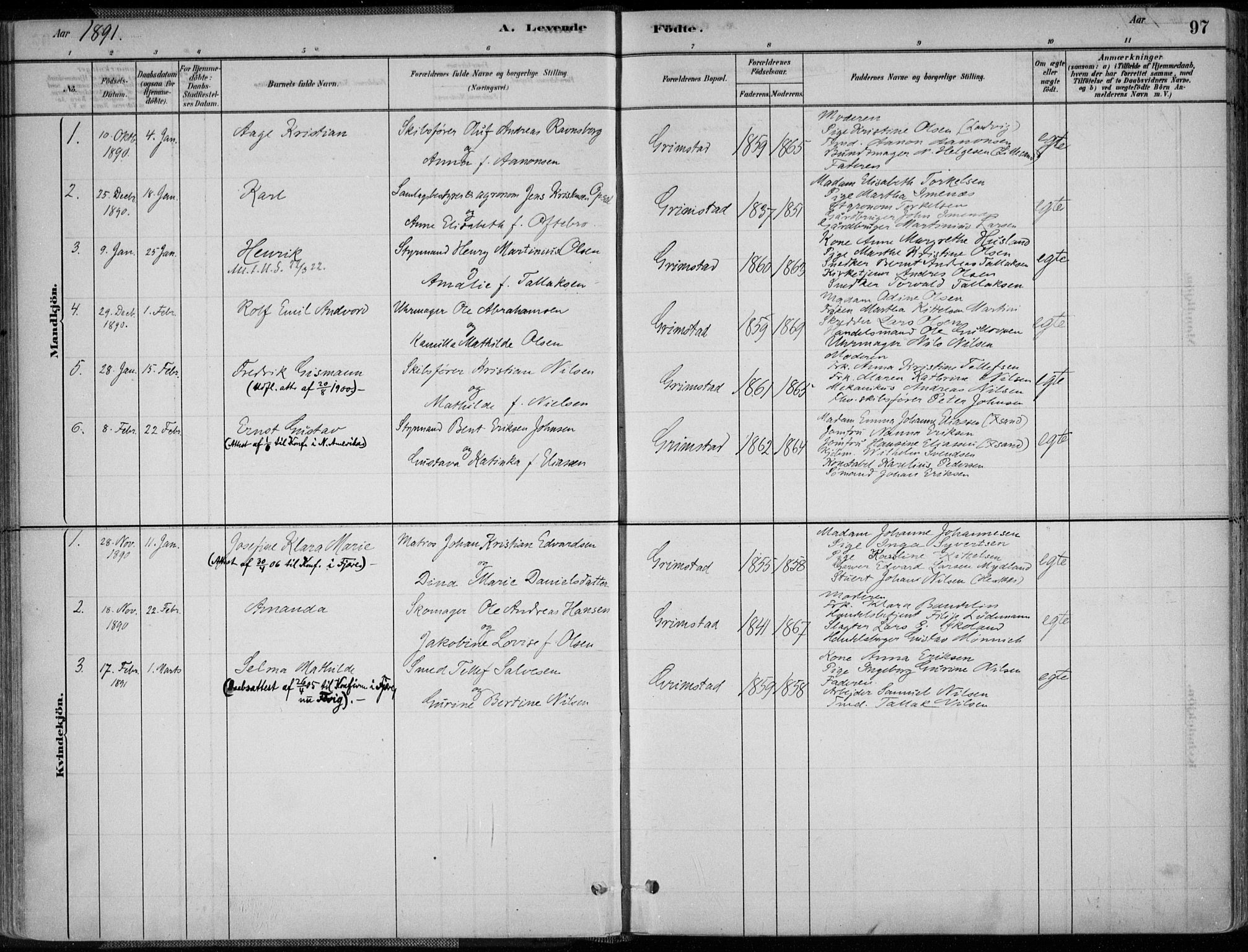 Grimstad sokneprestkontor, AV/SAK-1111-0017/F/Fa/L0003: Parish register (official) no. A 2, 1882-1912, p. 97