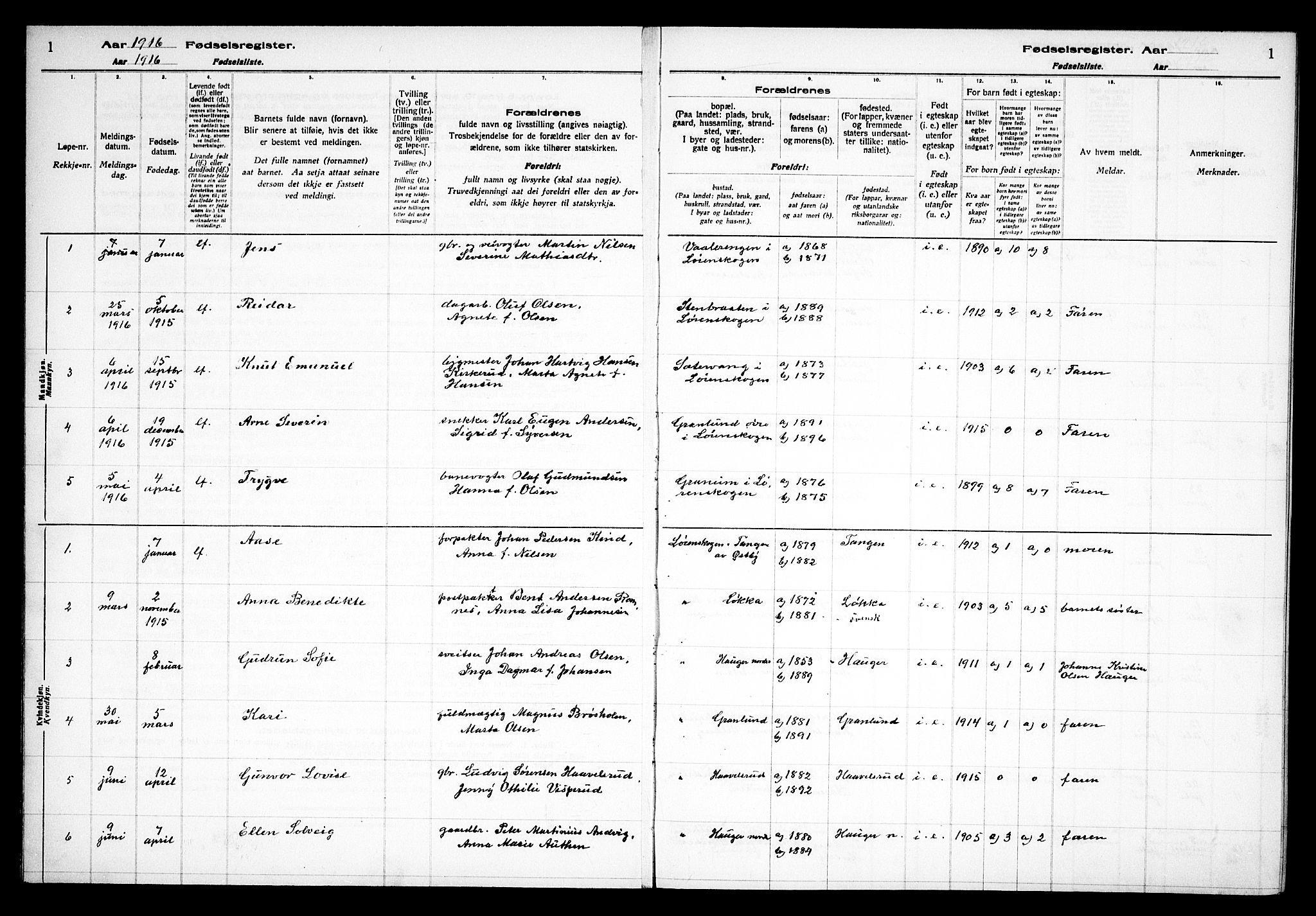 Skedsmo prestekontor Kirkebøker, SAO/A-10033a/J/Jb/L0001: Birth register no. II 1, 1916-1932, p. 1