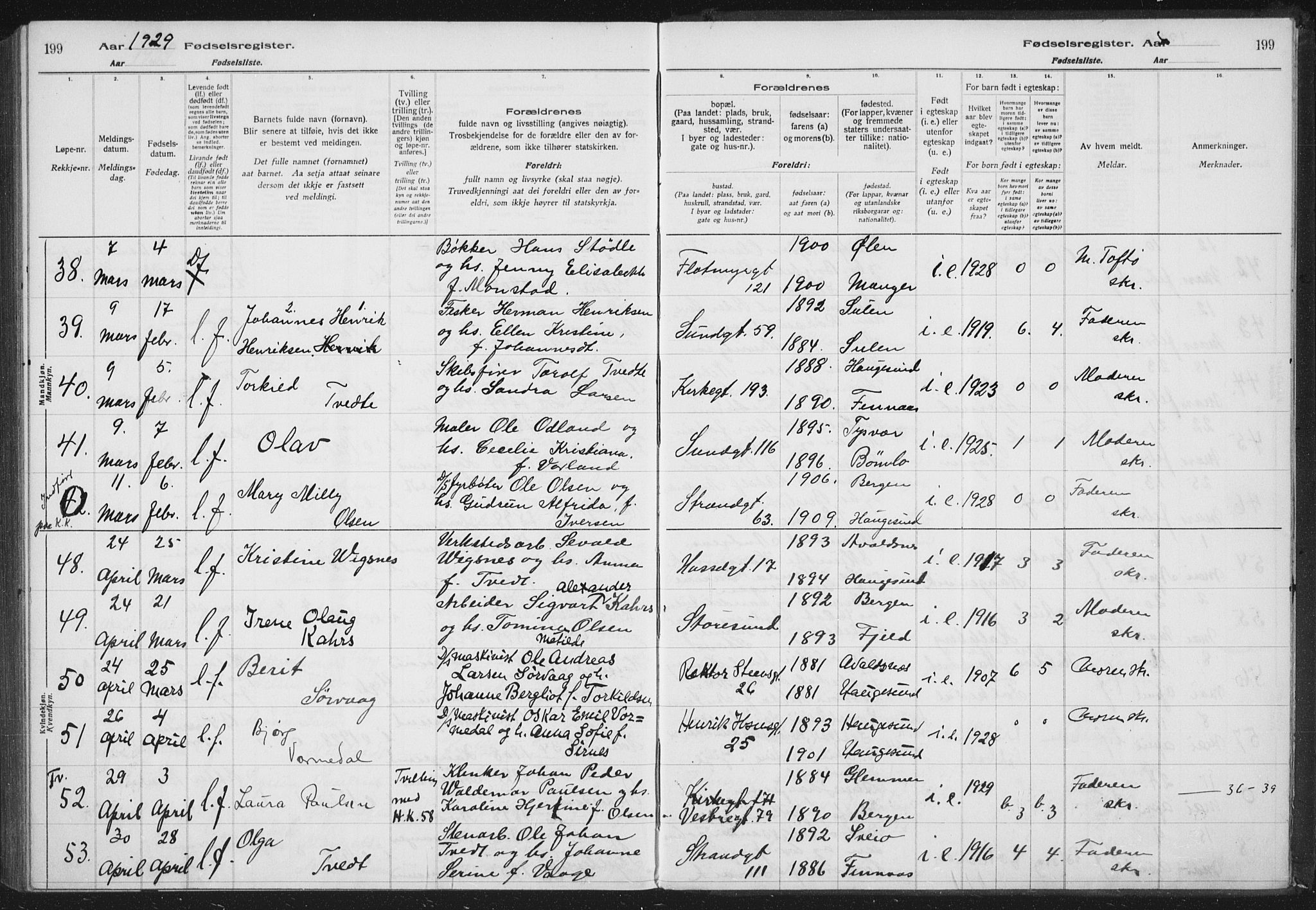 Haugesund sokneprestkontor, AV/SAST-A -101863/I/Id/L0005: Birth register no. 3, 1923-1929, p. 199