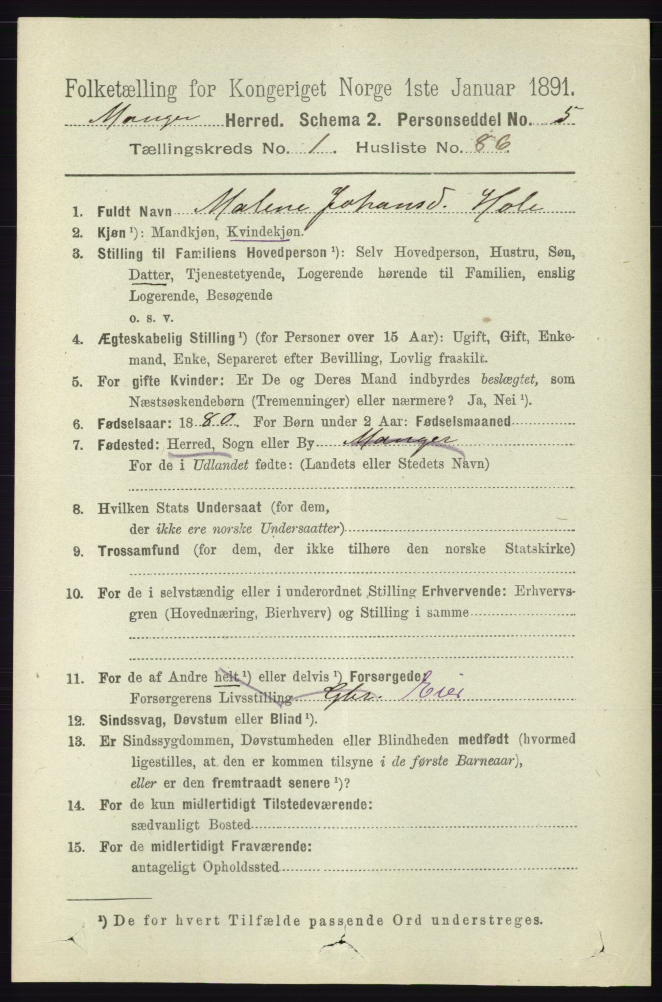 RA, 1891 census for 1261 Manger, 1891, p. 673