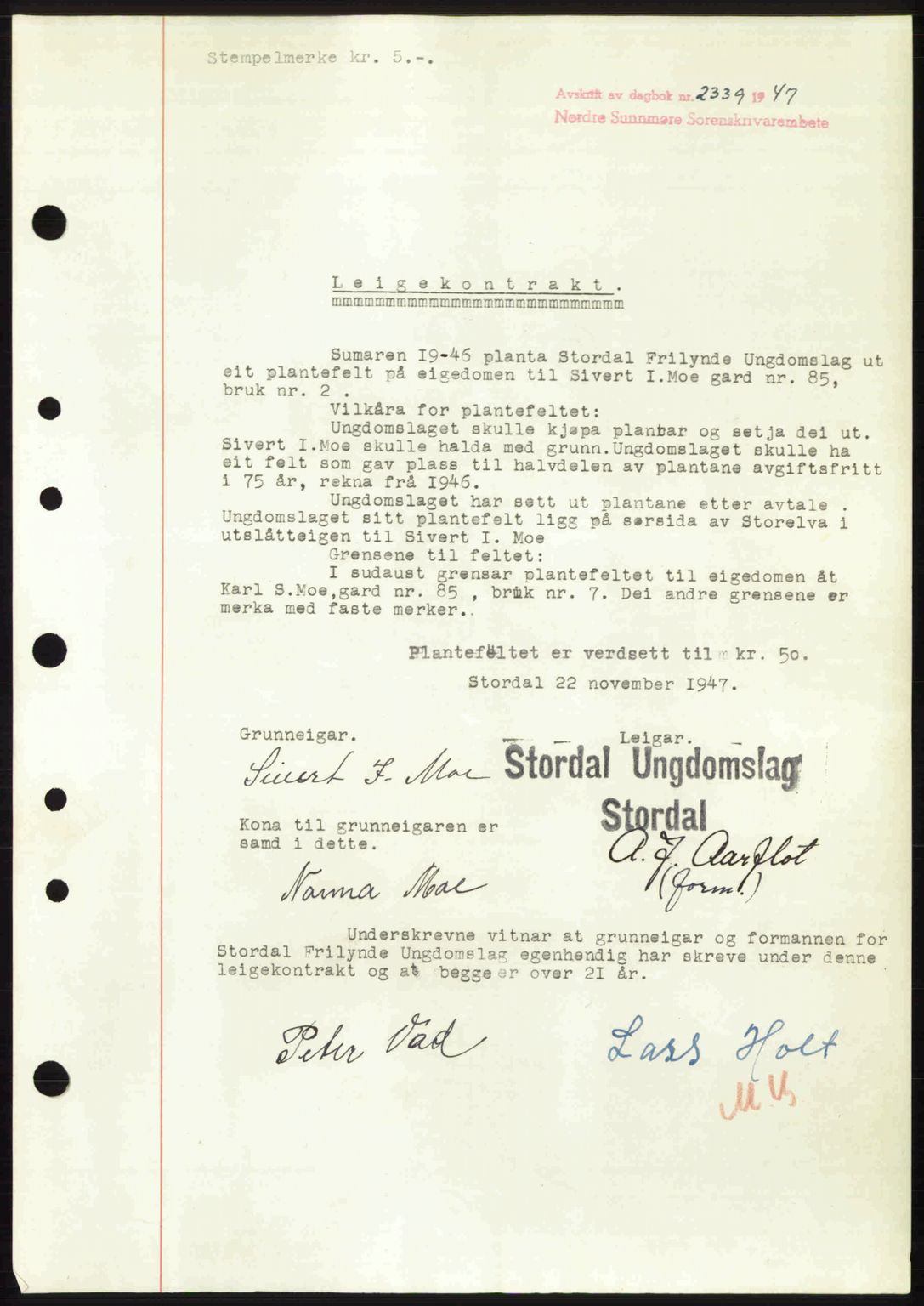 Nordre Sunnmøre sorenskriveri, AV/SAT-A-0006/1/2/2C/2Ca: Mortgage book no. A26, 1947-1948, Diary no: : 2339/1947