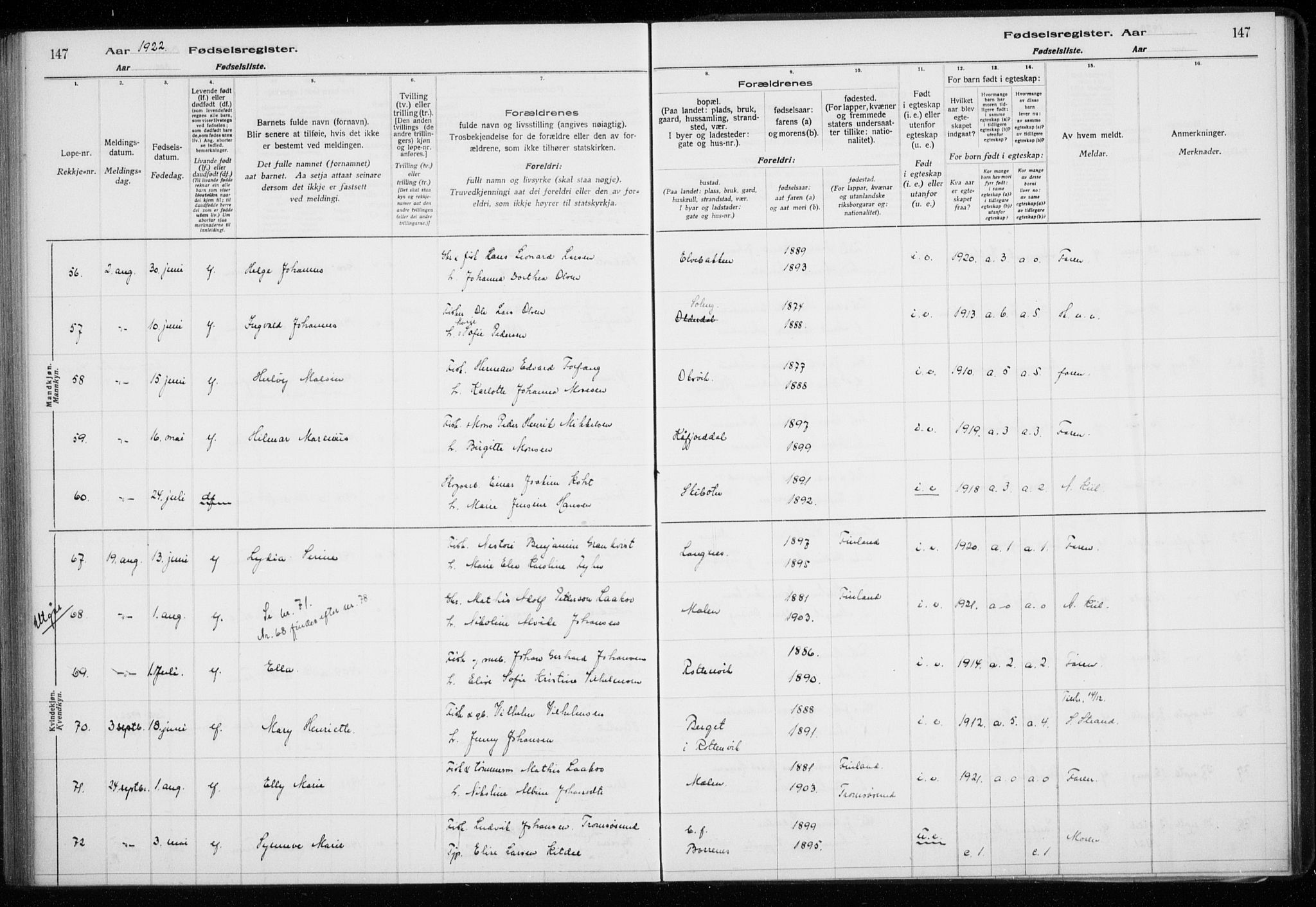 Lyngen sokneprestembete, AV/SATØ-S-1289/I/Ia/L0075: Birth register no. 75, 1916-1924, p. 147