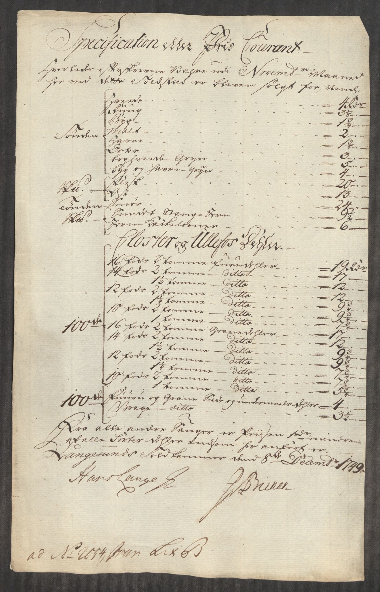 Rentekammeret inntil 1814, Realistisk ordnet avdeling, AV/RA-EA-4070/Oe/L0004: [Ø1]: Priskuranter, 1749-1752, p. 115