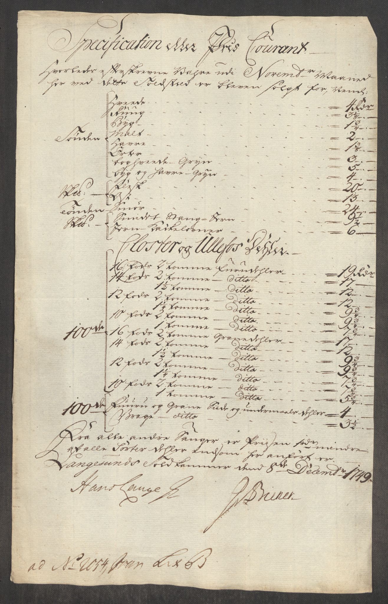 Rentekammeret inntil 1814, Realistisk ordnet avdeling, RA/EA-4070/Oe/L0004: [Ø1]: Priskuranter, 1749-1752, p. 115