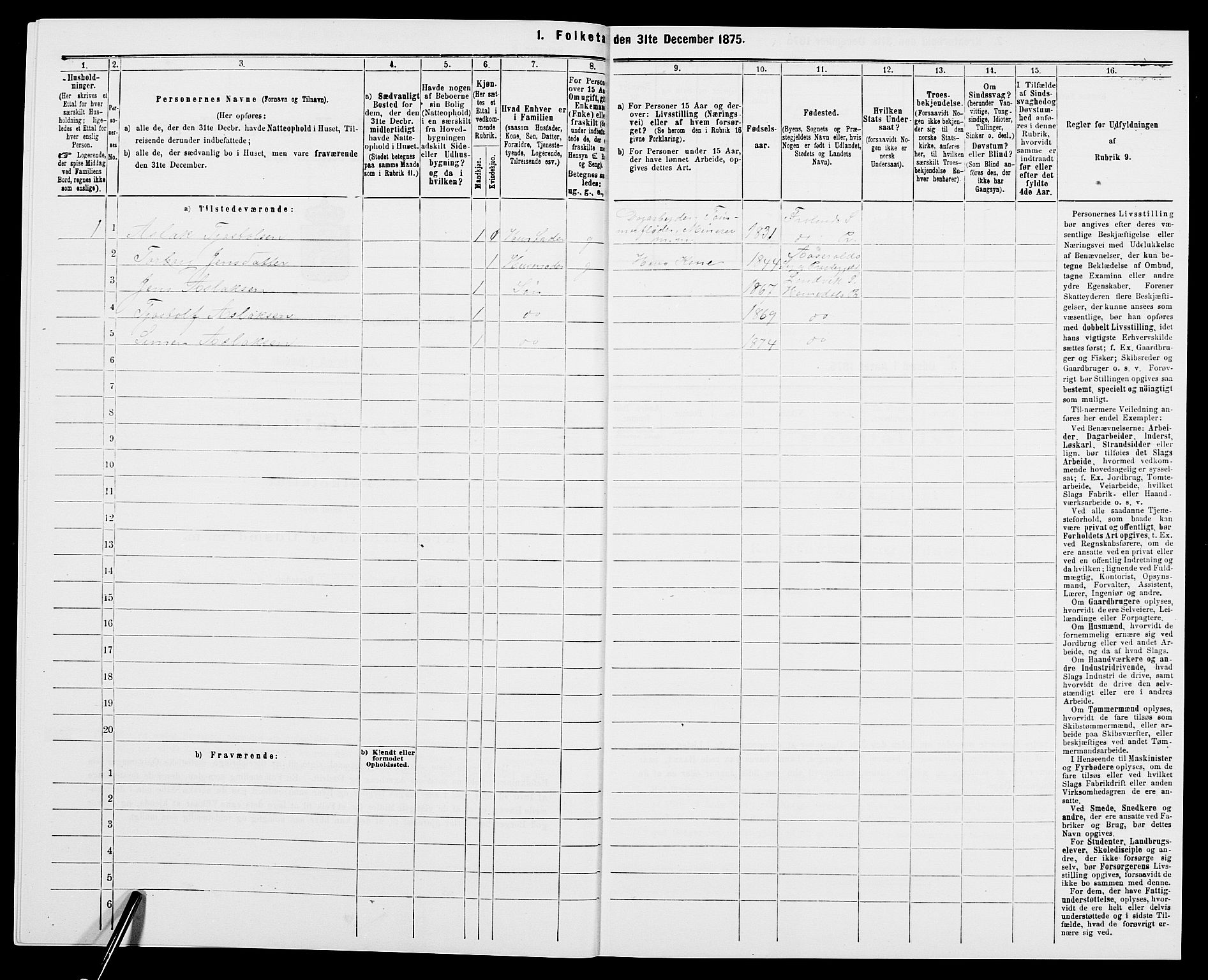 SAK, 1875 census for 0924P Homedal, 1875, p. 634