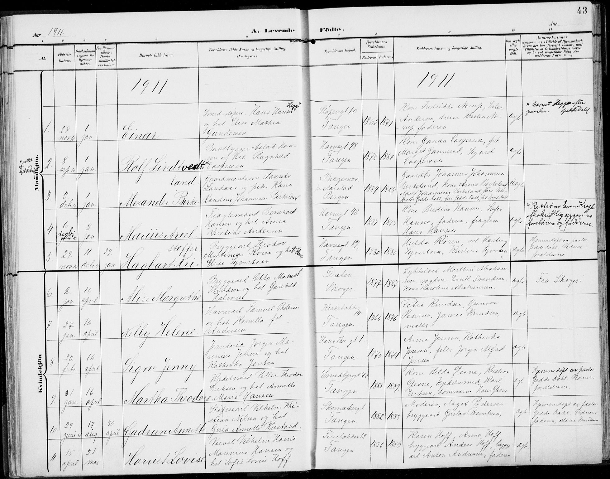 Strømsø kirkebøker, AV/SAKO-A-246/F/Fb/L0008: Parish register (official) no. II 8, 1902-1933, p. 43