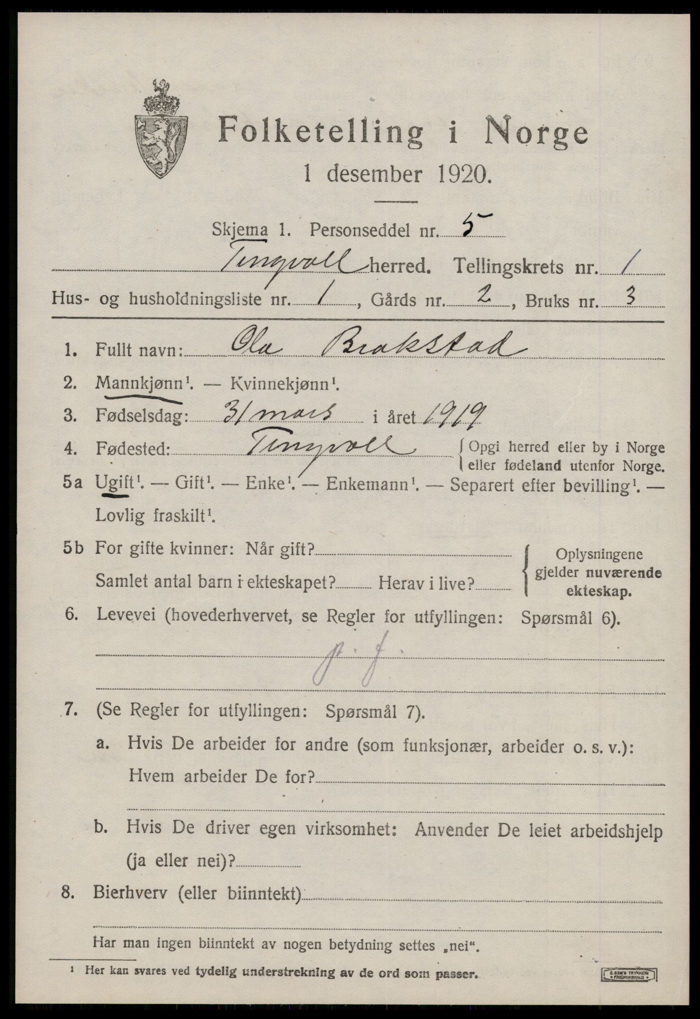 SAT, 1920 census for Tingvoll, 1920, p. 1040