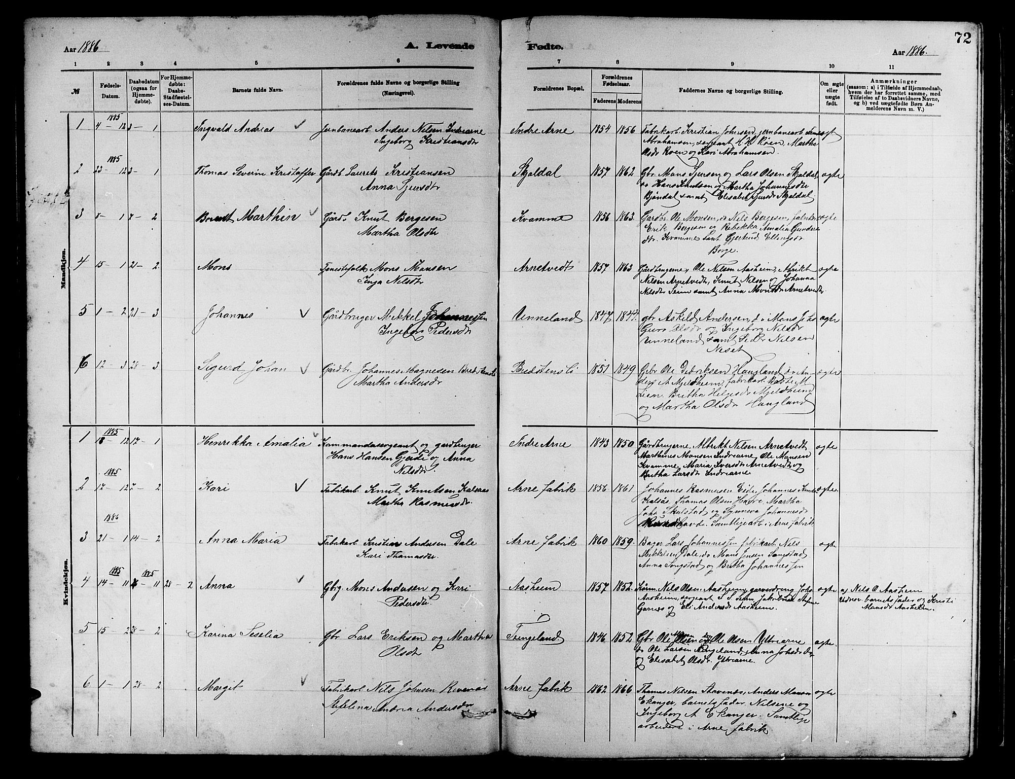 Arna Sokneprestembete, SAB/A-74001/H/Ha/Hab: Parish register (copy) no. A 2, 1878-1887, p. 72