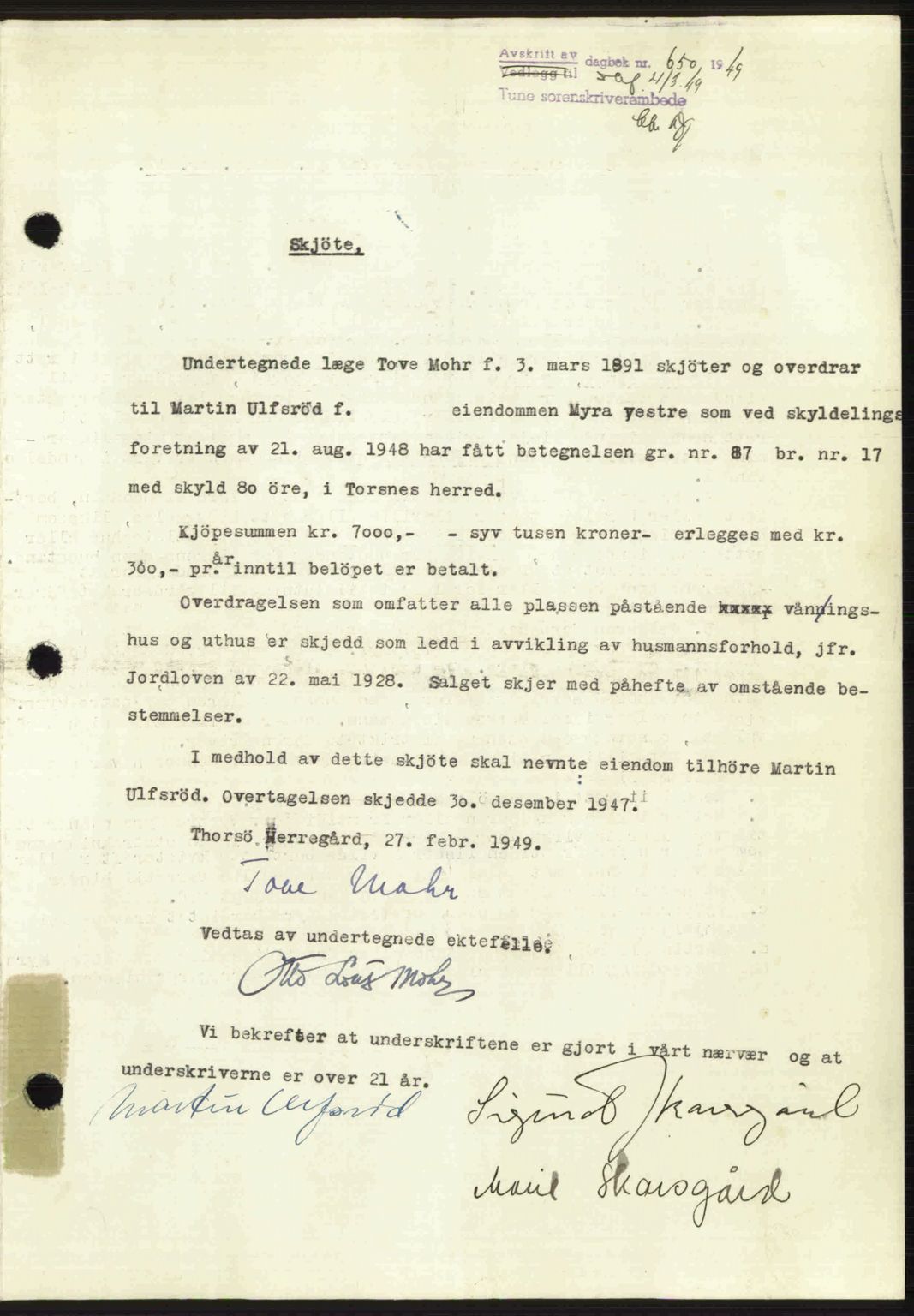 Tune sorenskriveri, AV/SAO-A-10470/G/Gb/Gbg/Gbga/L0004: Mortgage book no. A16-20, 1948-1950, Diary no: : 650/1949