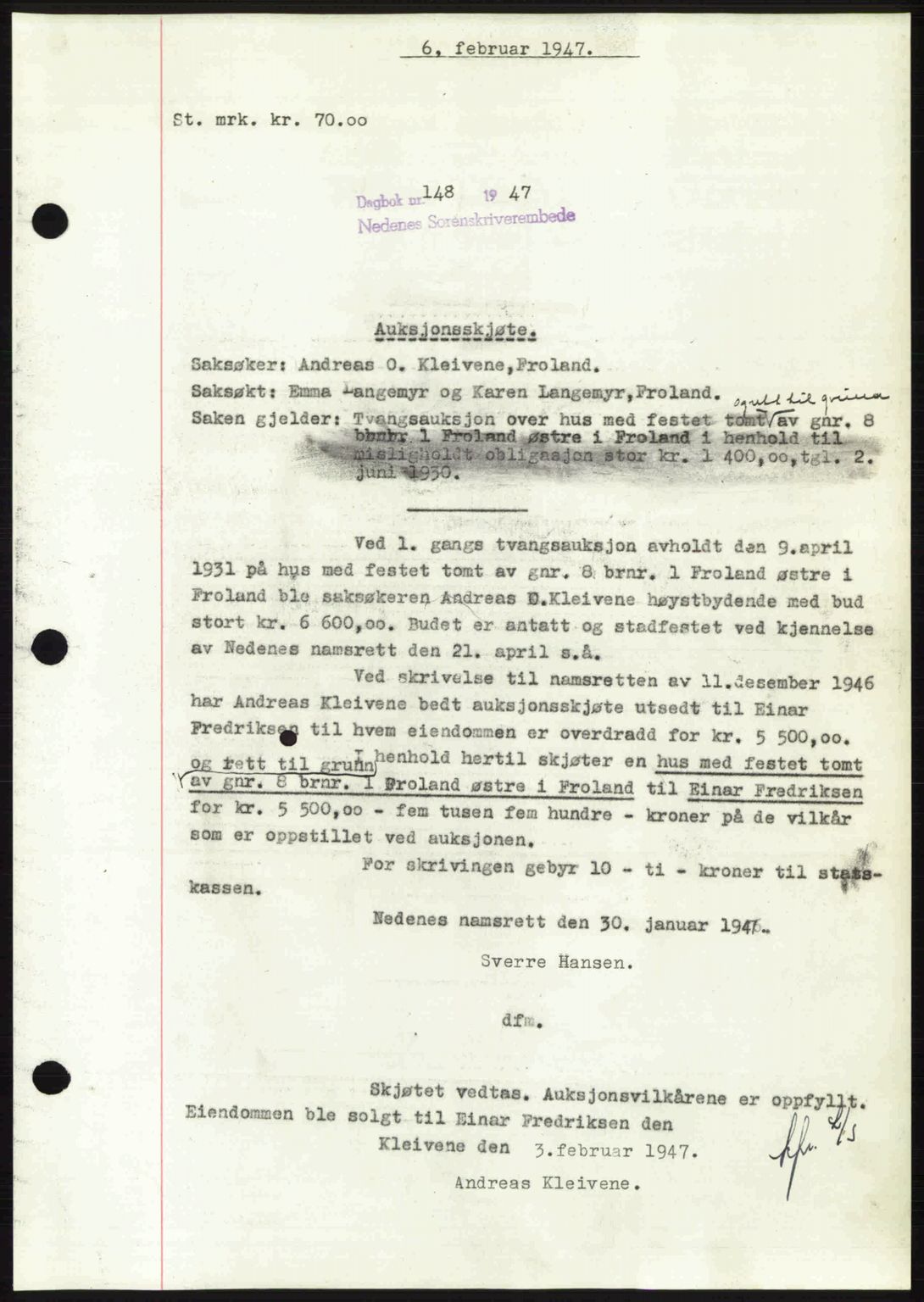 Nedenes sorenskriveri, SAK/1221-0006/G/Gb/Gba/L0056: Mortgage book no. A8, 1946-1947, Diary no: : 148/1947