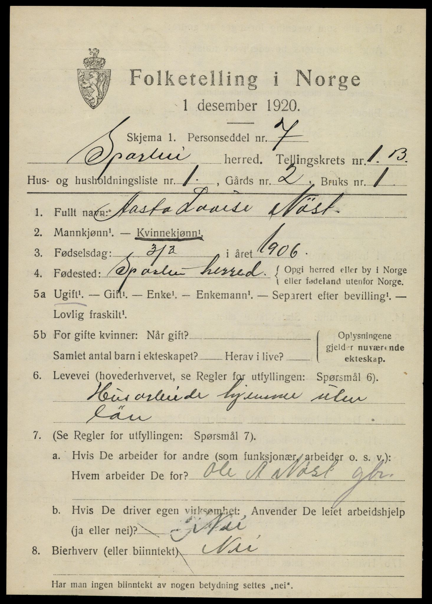 SAT, 1920 census for Sparbu, 1920, p. 1943