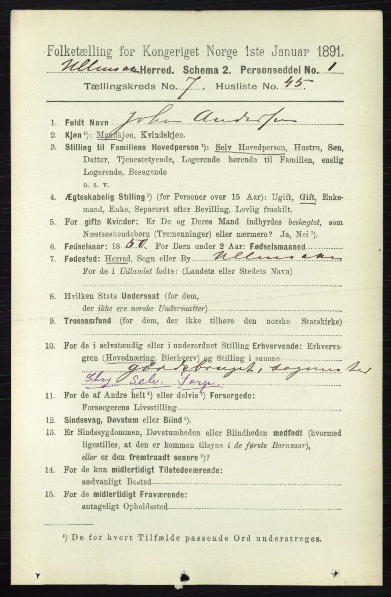 RA, 1891 census for 0235 Ullensaker, 1891, p. 3331