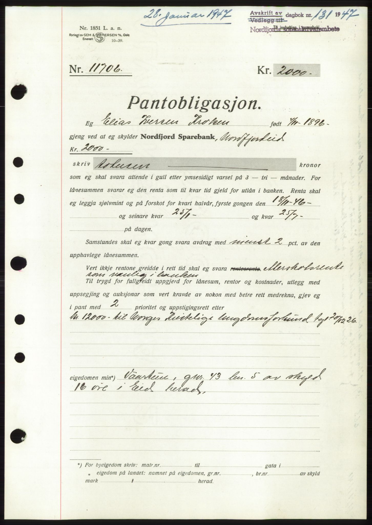 Nordfjord sorenskriveri, SAB/A-2801/02/02b/02bk/L0005: Mortgage book no. B7-8, 1946-1947, Diary no: : 131/1947