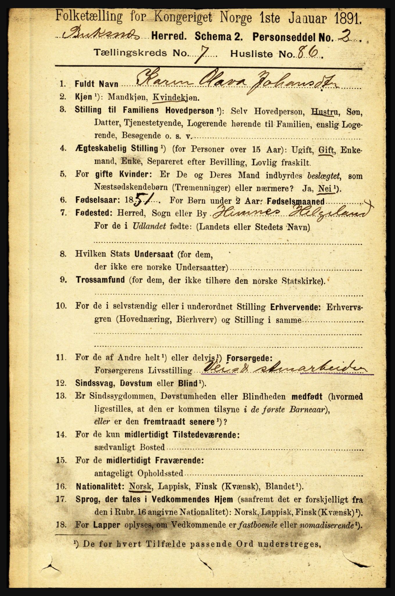 RA, 1891 census for 1860 Buksnes, 1891, p. 5558