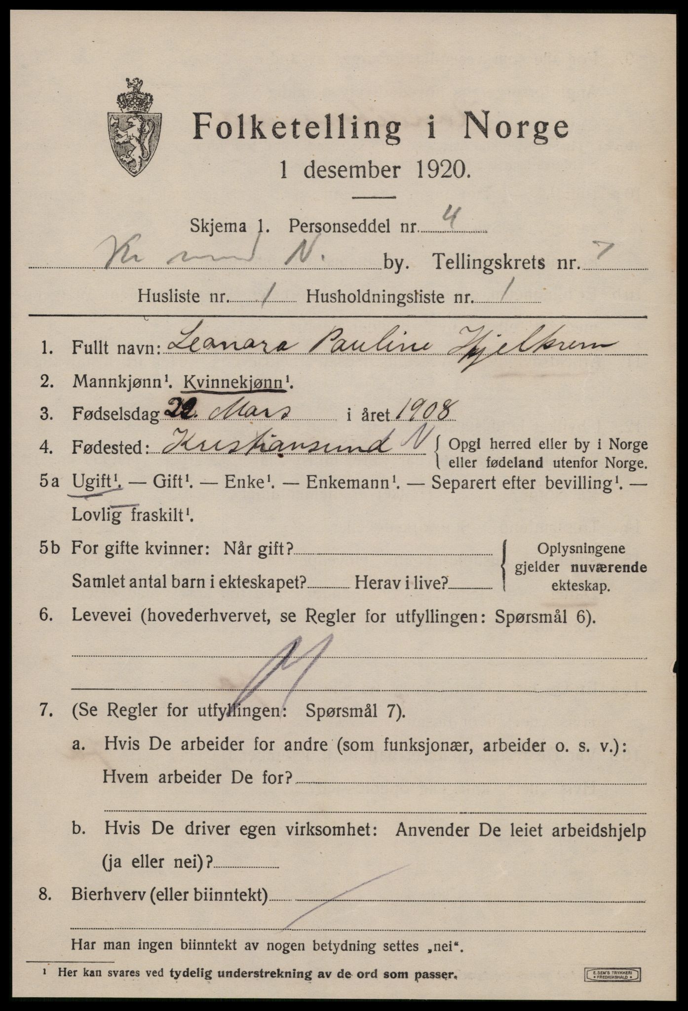 SAT, 1920 census for Kristiansund, 1920, p. 18069