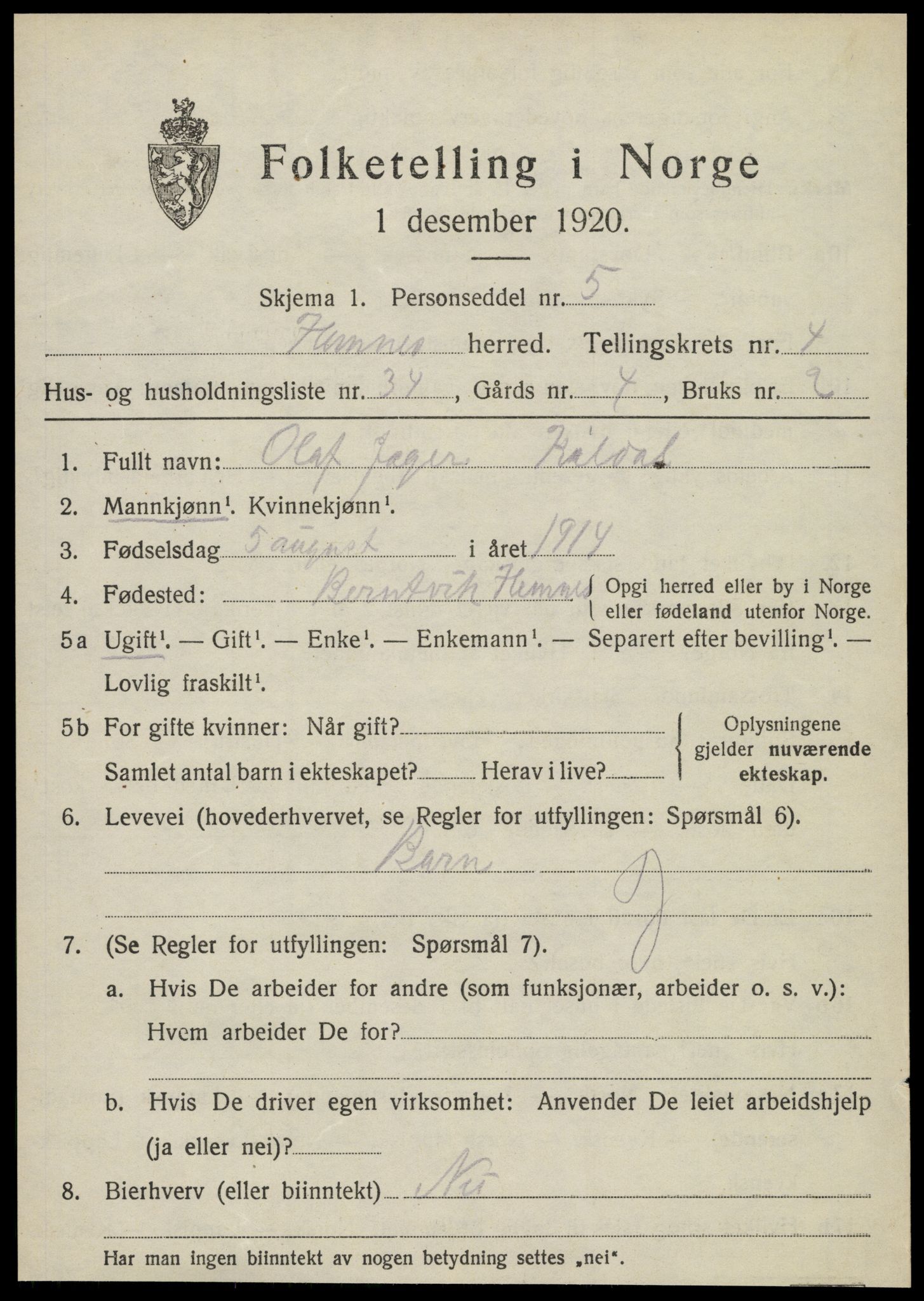 SAT, 1920 census for Hemnes, 1920, p. 5906