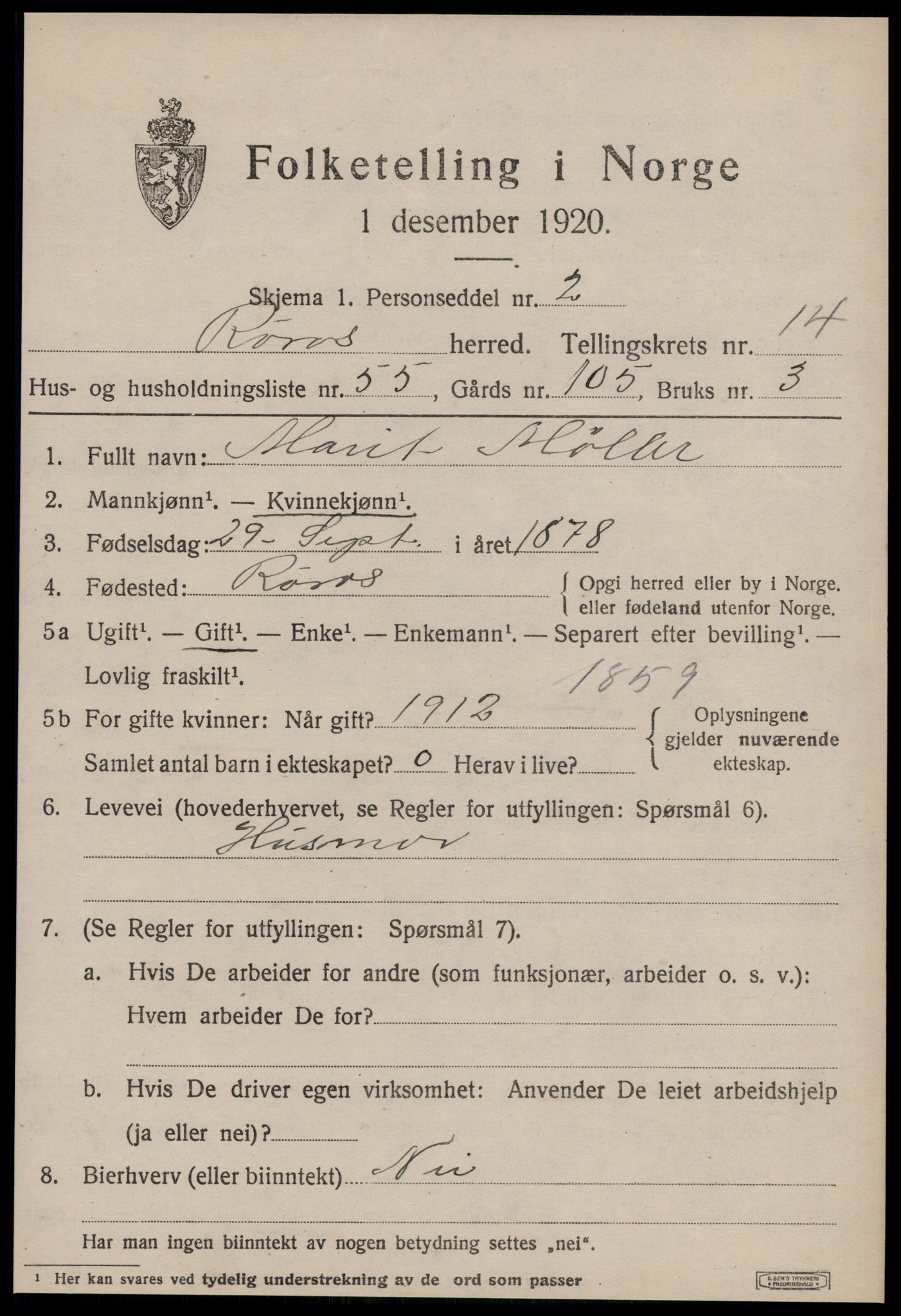 SAT, 1920 census for Røros, 1920, p. 10258