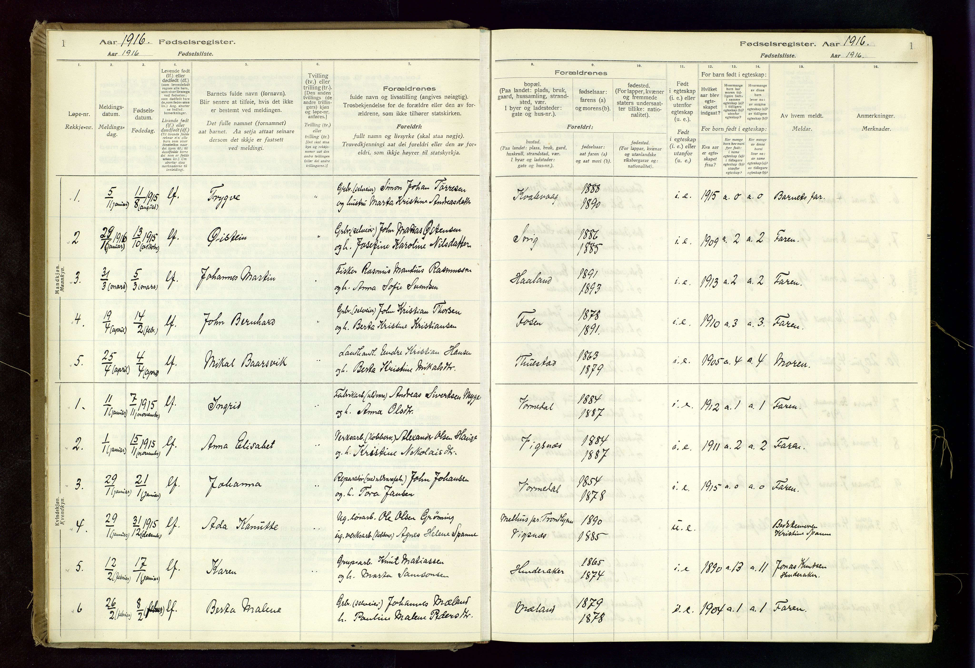 Avaldsnes sokneprestkontor, AV/SAST-A -101851/I/Id/L0001: Birth register no. 1, 1916-1946, p. 1