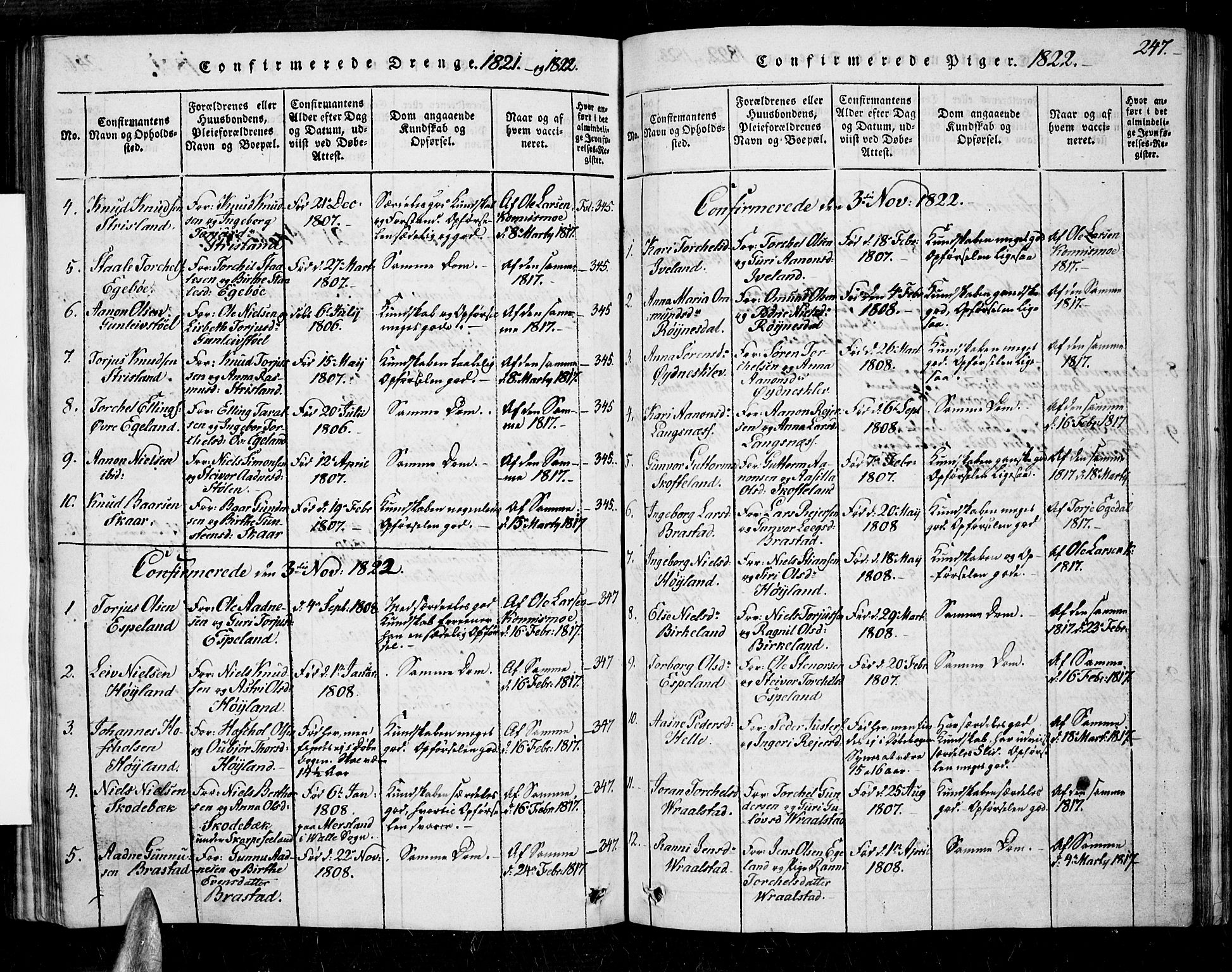 Nord-Audnedal sokneprestkontor, SAK/1111-0032/F/Fa/Faa/L0001: Parish register (official) no. A 1, 1815-1856, p. 247