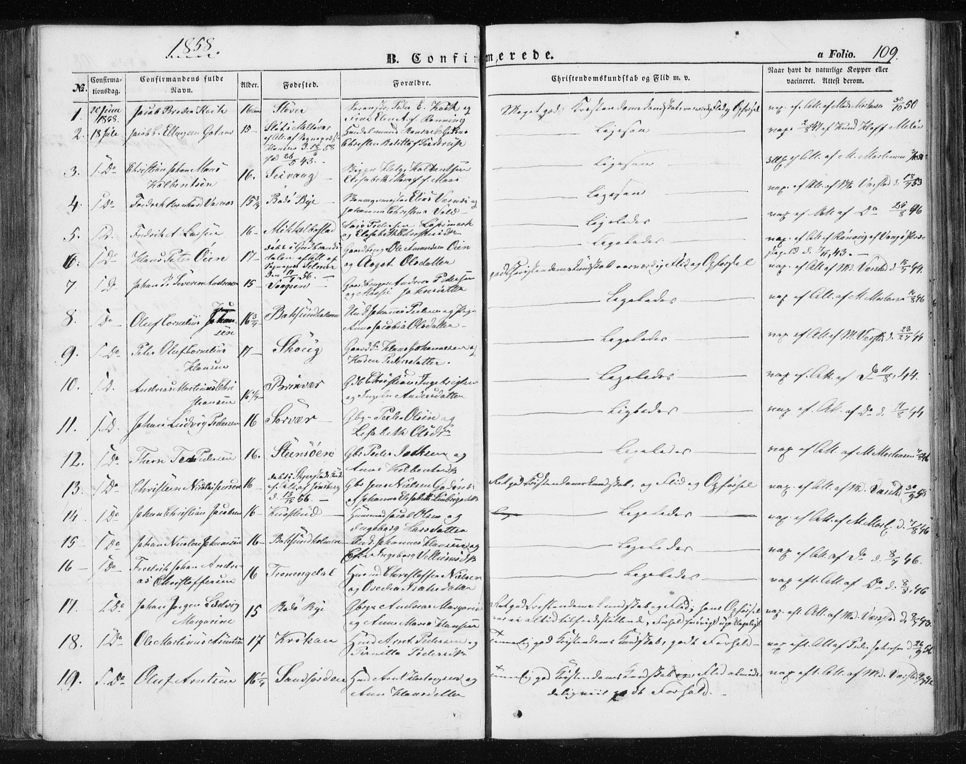 Ministerialprotokoller, klokkerbøker og fødselsregistre - Nordland, SAT/A-1459/801/L0028: Parish register (copy) no. 801C03, 1855-1867, p. 109
