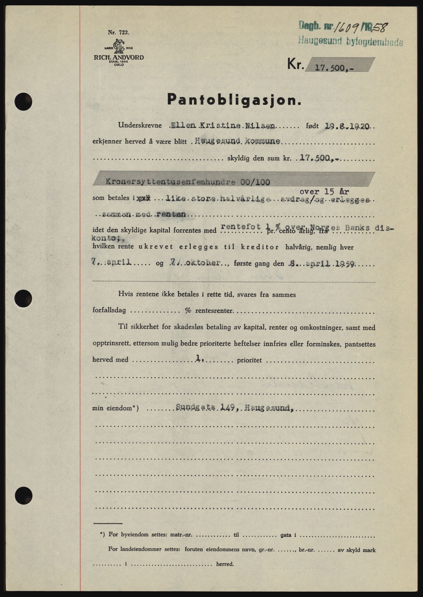Haugesund tingrett, SAST/A-101415/01/II/IIC/L0044: Mortgage book no. B 44, 1958-1959, Diary no: : 1609/1958