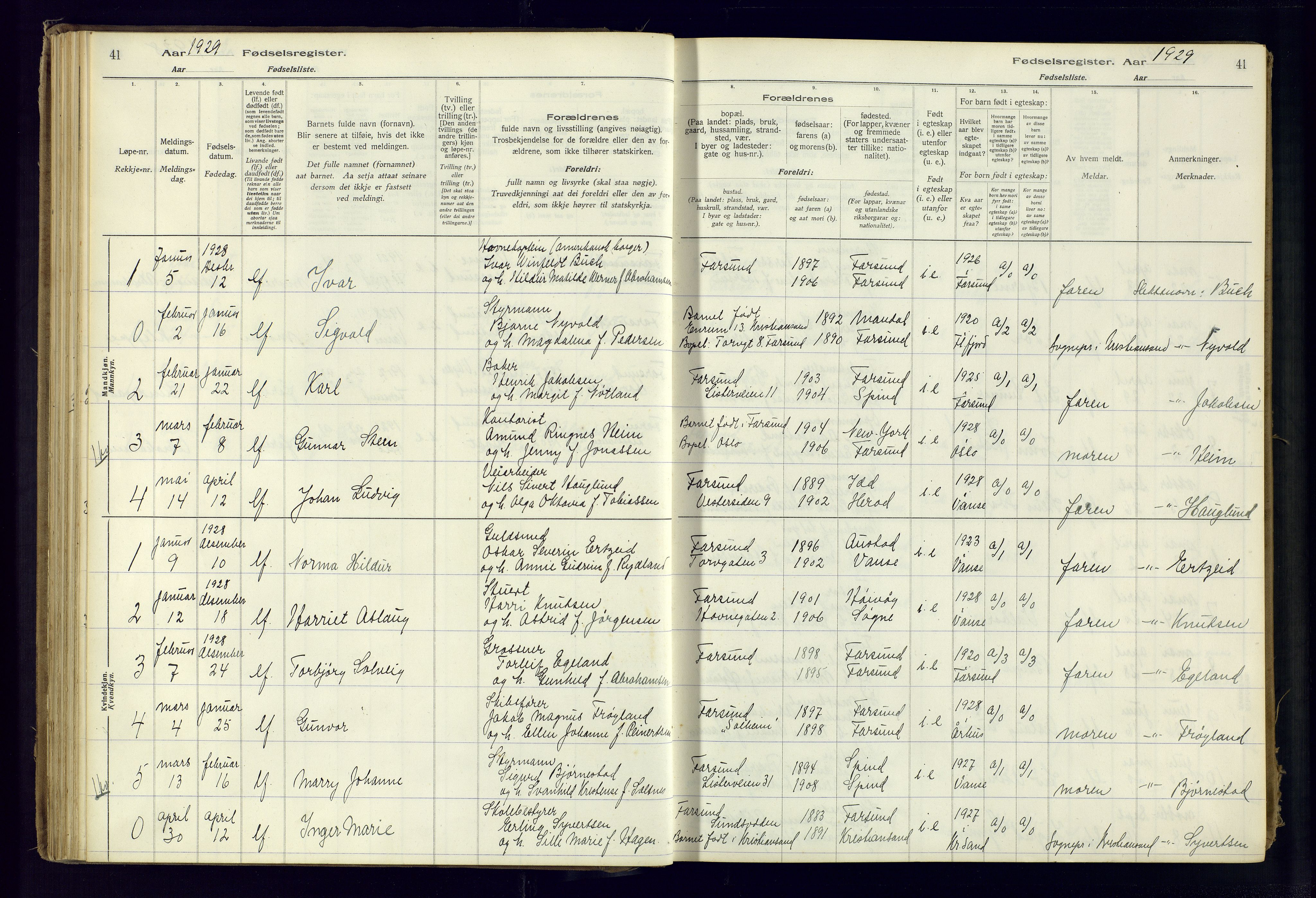 Farsund sokneprestkontor, AV/SAK-1111-0009/J/Ja/L0001: Birth register no. A-VI-8, 1916-1950, p. 41