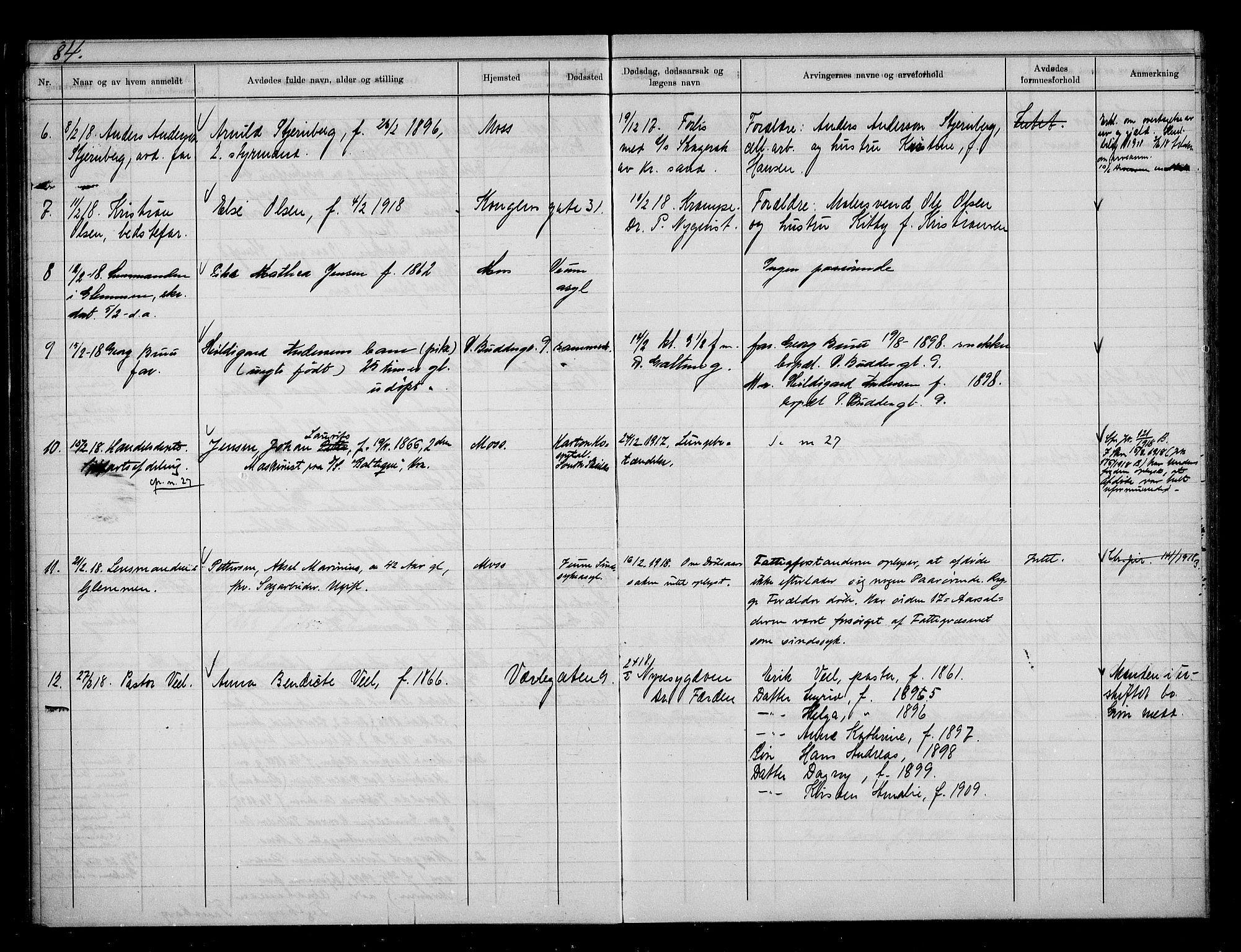 Moss byfogd, AV/SAO-A-10863/H/Ha/Hab/L0005: Dødsanmeldelsesprotokoll, 1914-1920, p. 84