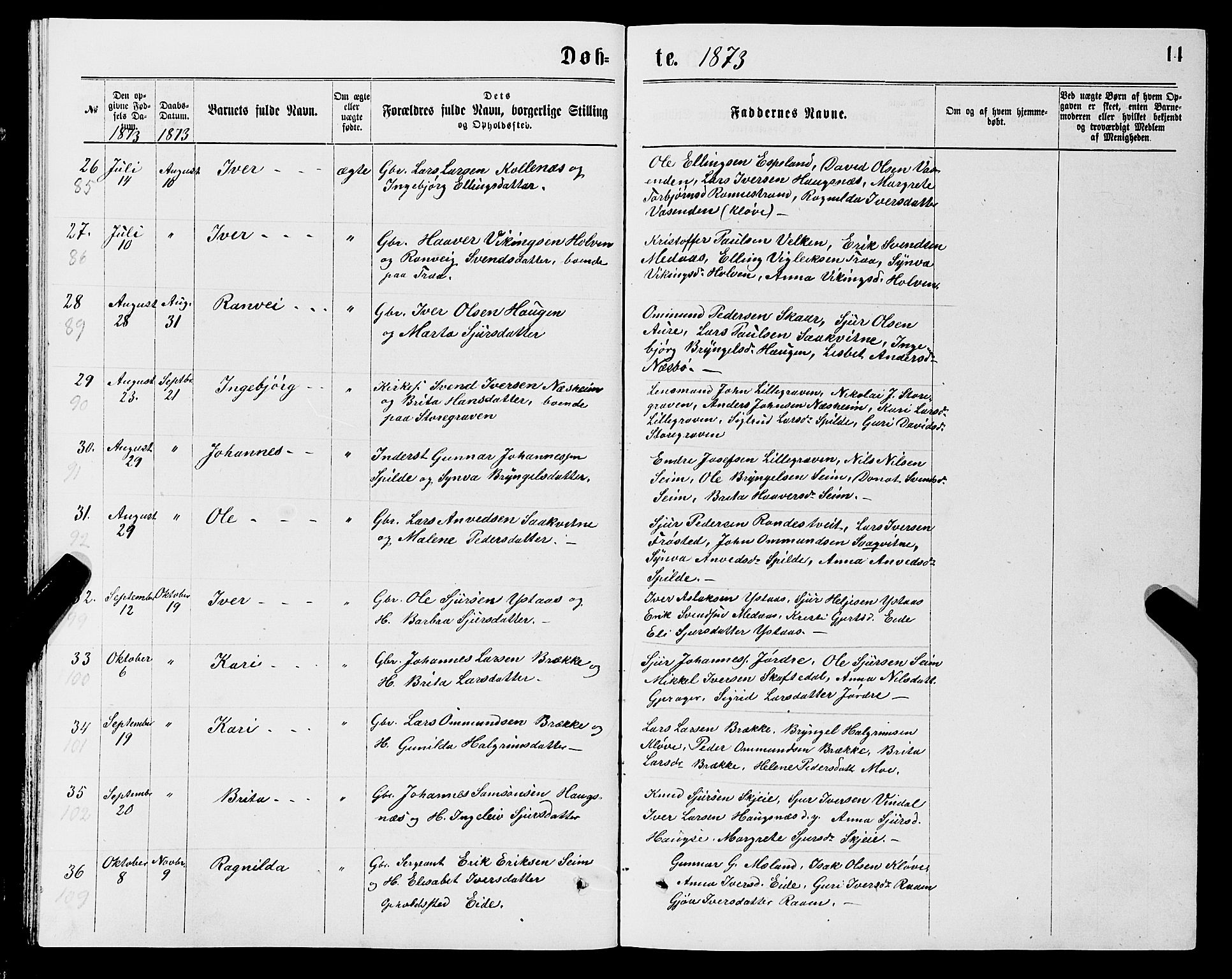 Ulvik sokneprestembete, SAB/A-78801/H/Hab: Parish register (copy) no. B 2, 1869-1883, p. 14