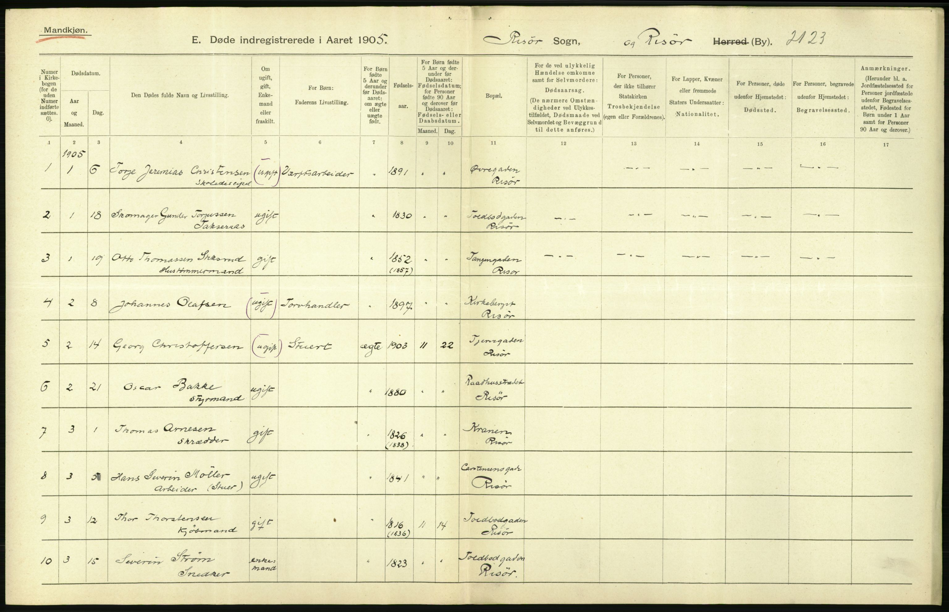 Statistisk sentralbyrå, Sosiodemografiske emner, Befolkning, AV/RA-S-2228/D/Df/Dfa/Dfac/L0043: Bratsberg - Lister og Mandals amt: Levendefødte menn og kvinner, gifte, døde, dødfødte. Byer., 1905, p. 494